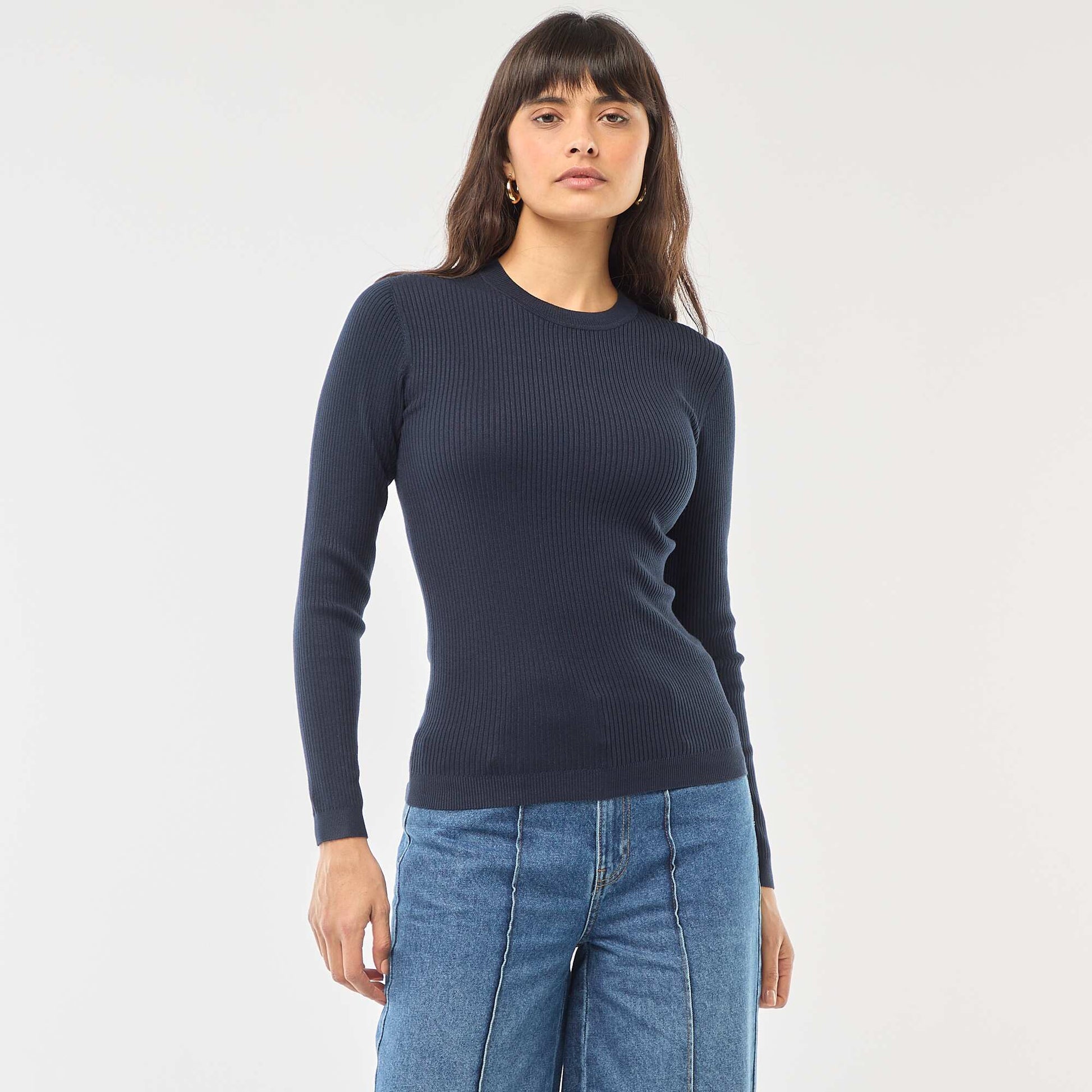 Pull col rond en rib uni BLEU