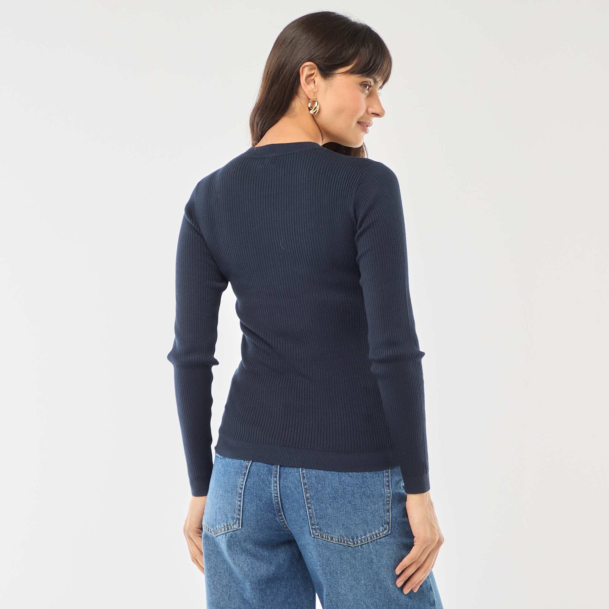 Pull col rond en rib uni BLEU
