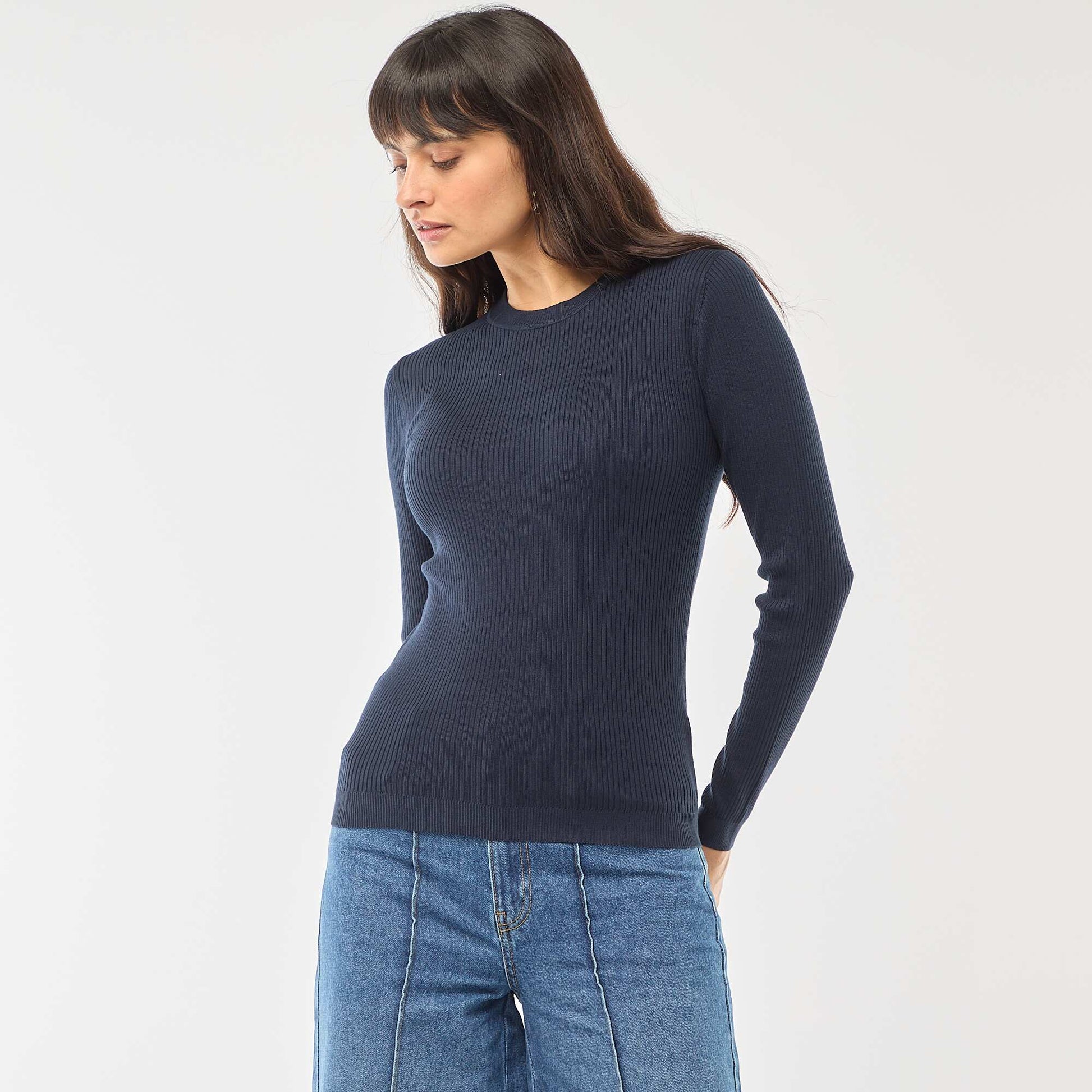 Pull col rond en rib uni BLEU