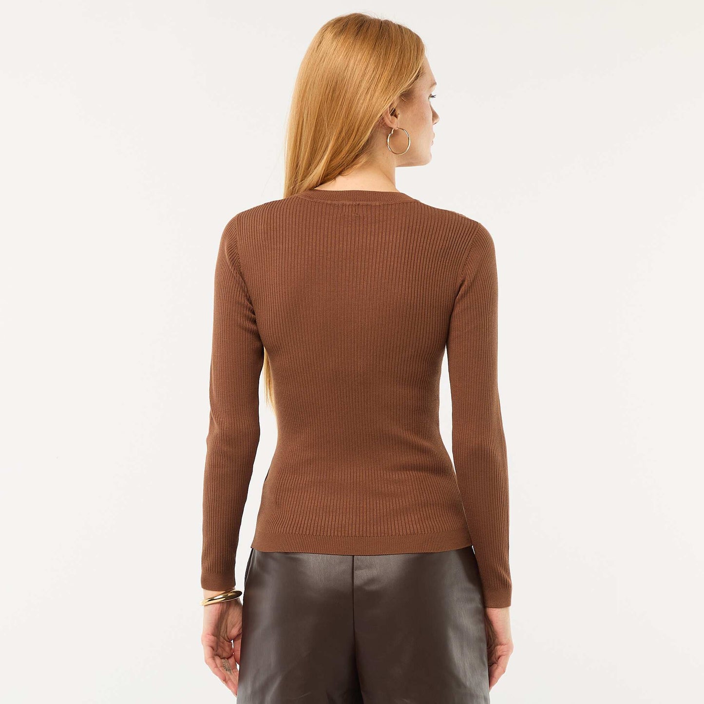 Pull col rond en rib uni MARRON