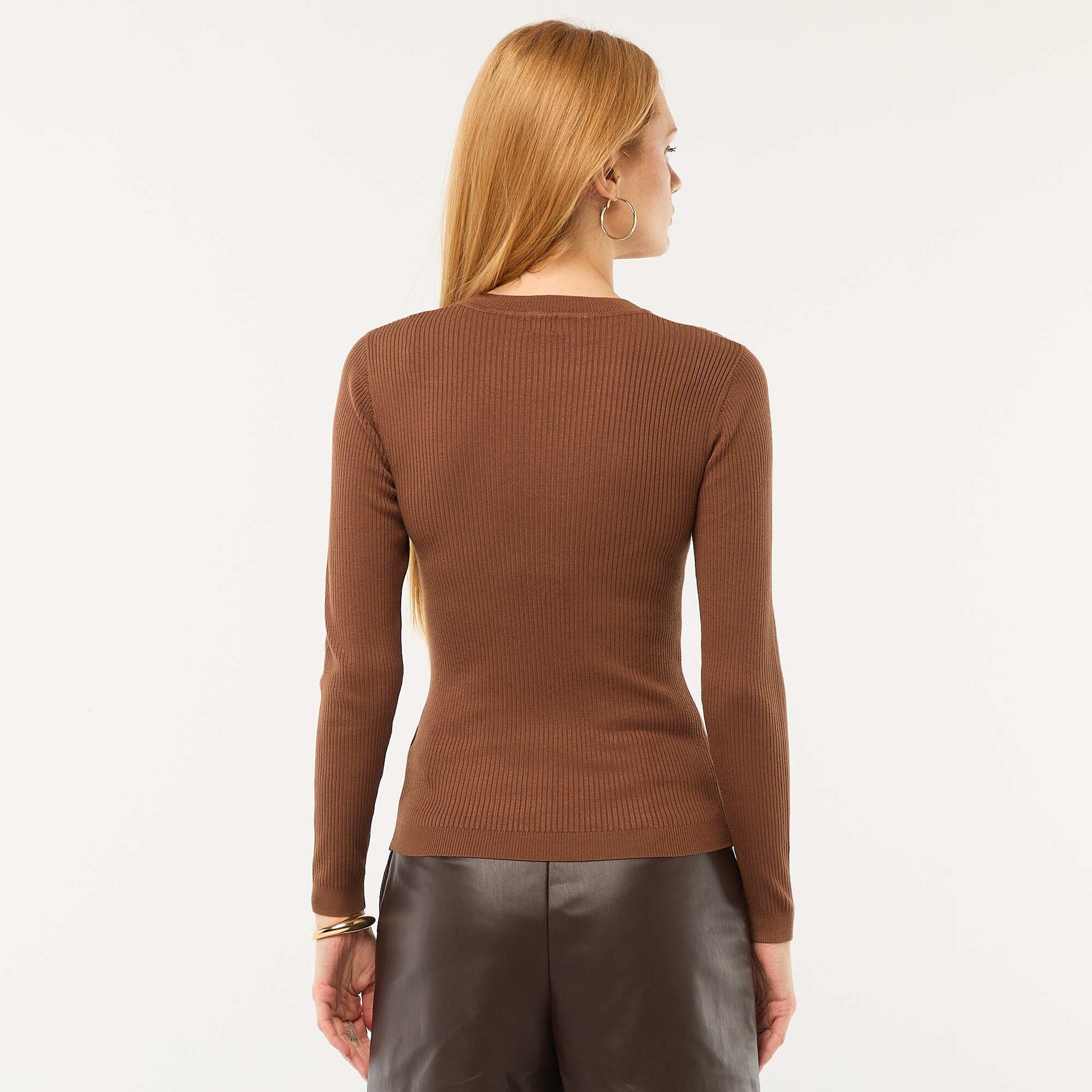 Pull col rond en rib uni MARRON