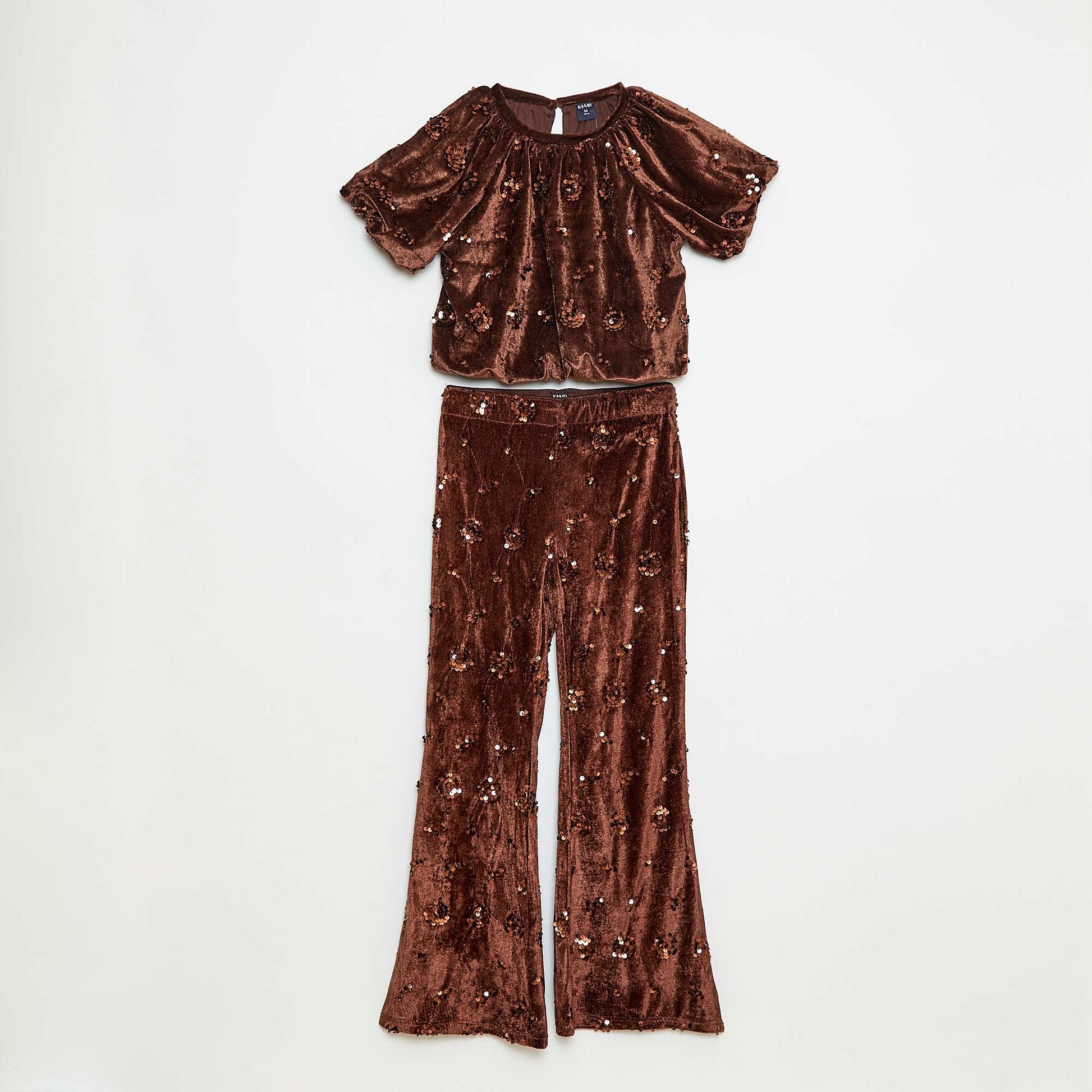 Ensemble blouse + pantalon flare fit en velours MARRON