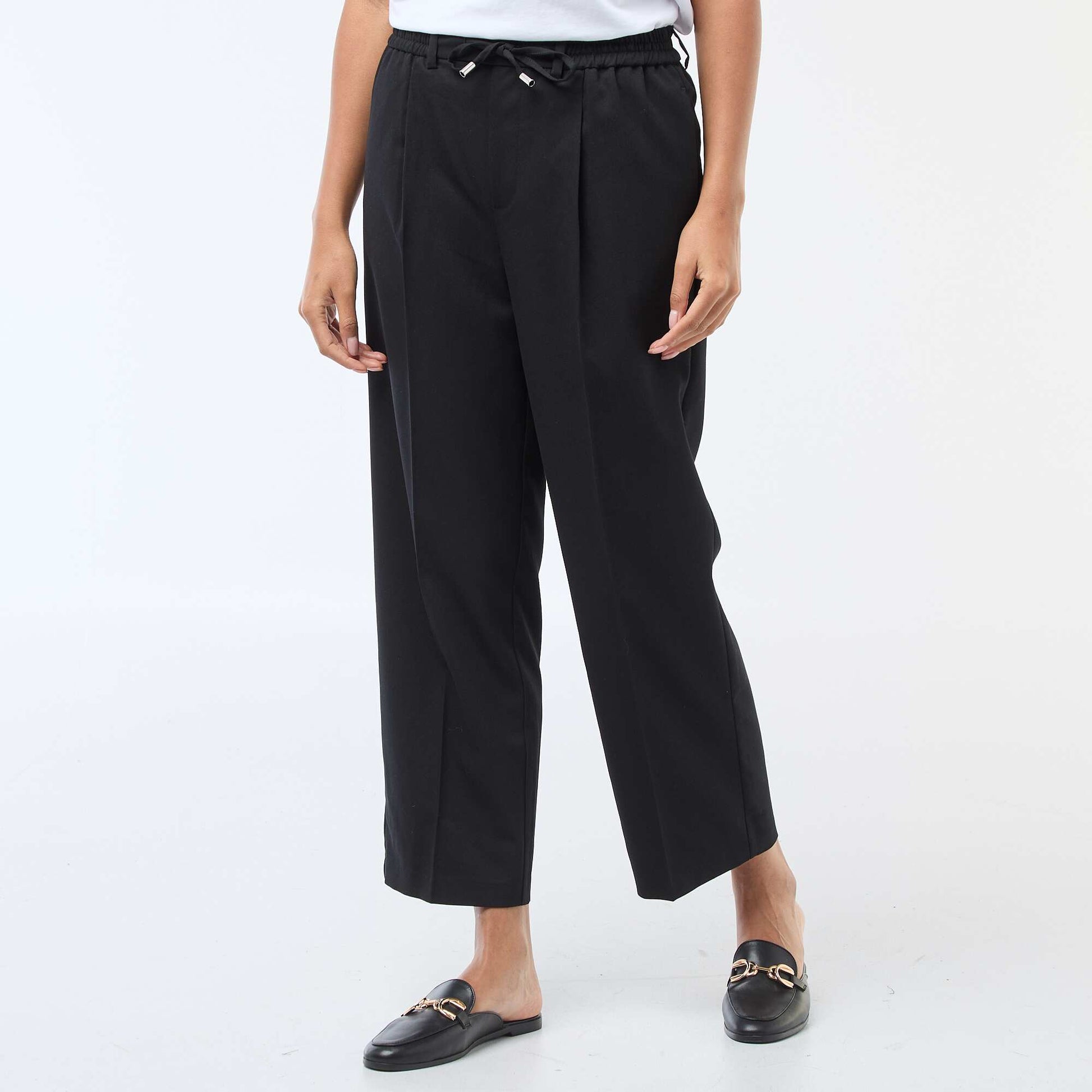 Pantalon coupe large à la taille élastiquée + liens à nouer NOIR