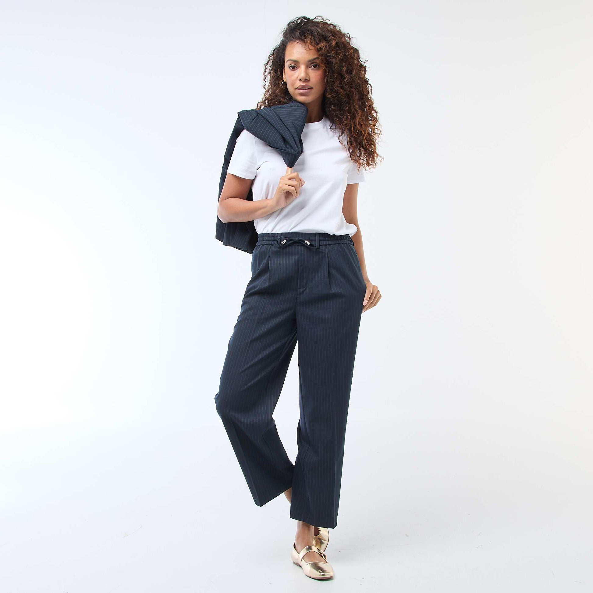 Pantalon coupe large à la taille élastiquée + liens à nouer BLEU