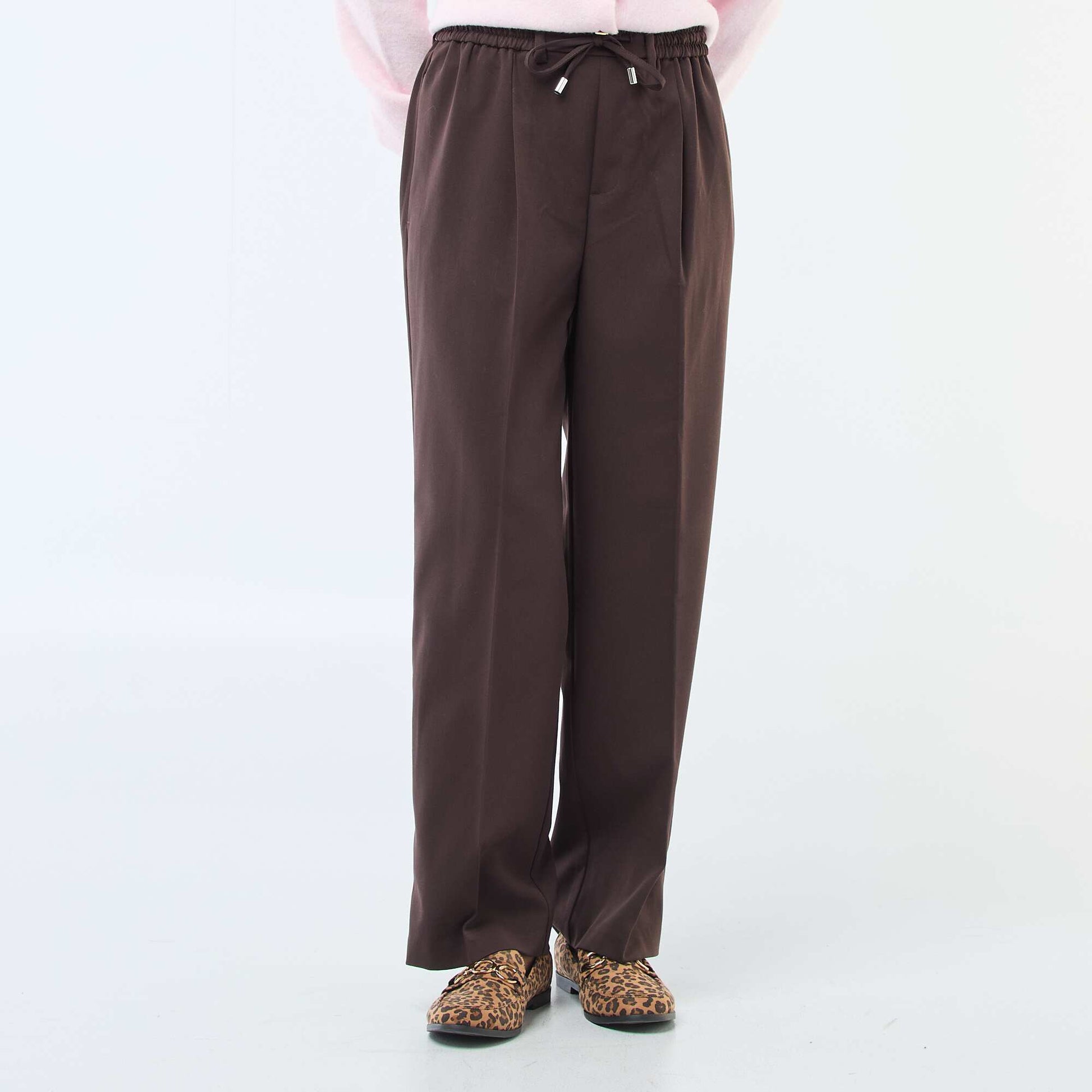 Pantalon coupe large à la taille élastiquée + liens à nouer MARRON