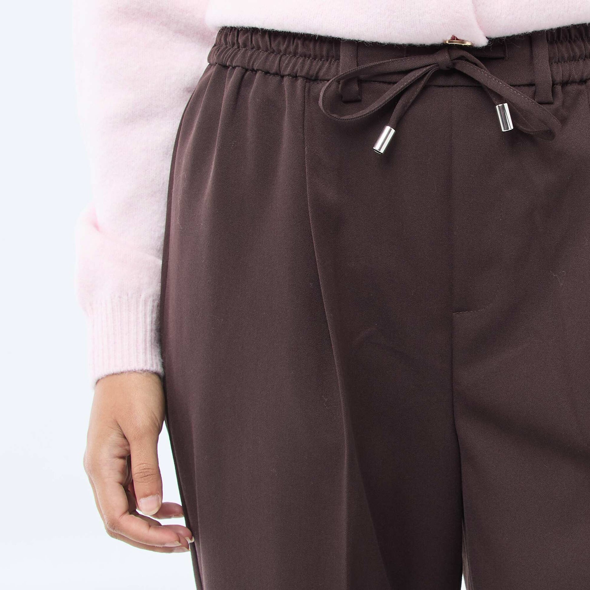 Pantalon coupe large à la taille élastiquée + liens à nouer MARRON