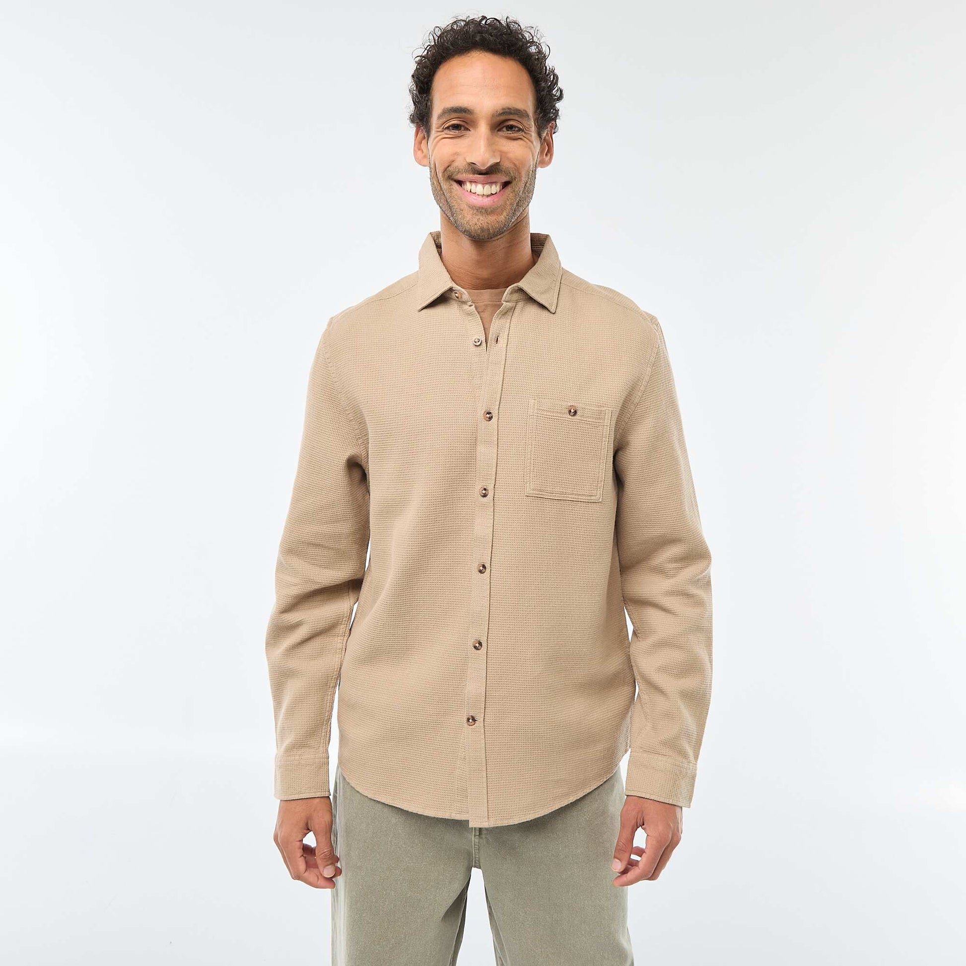 Chemise à manches longues en matière gaufrée BEIGE
