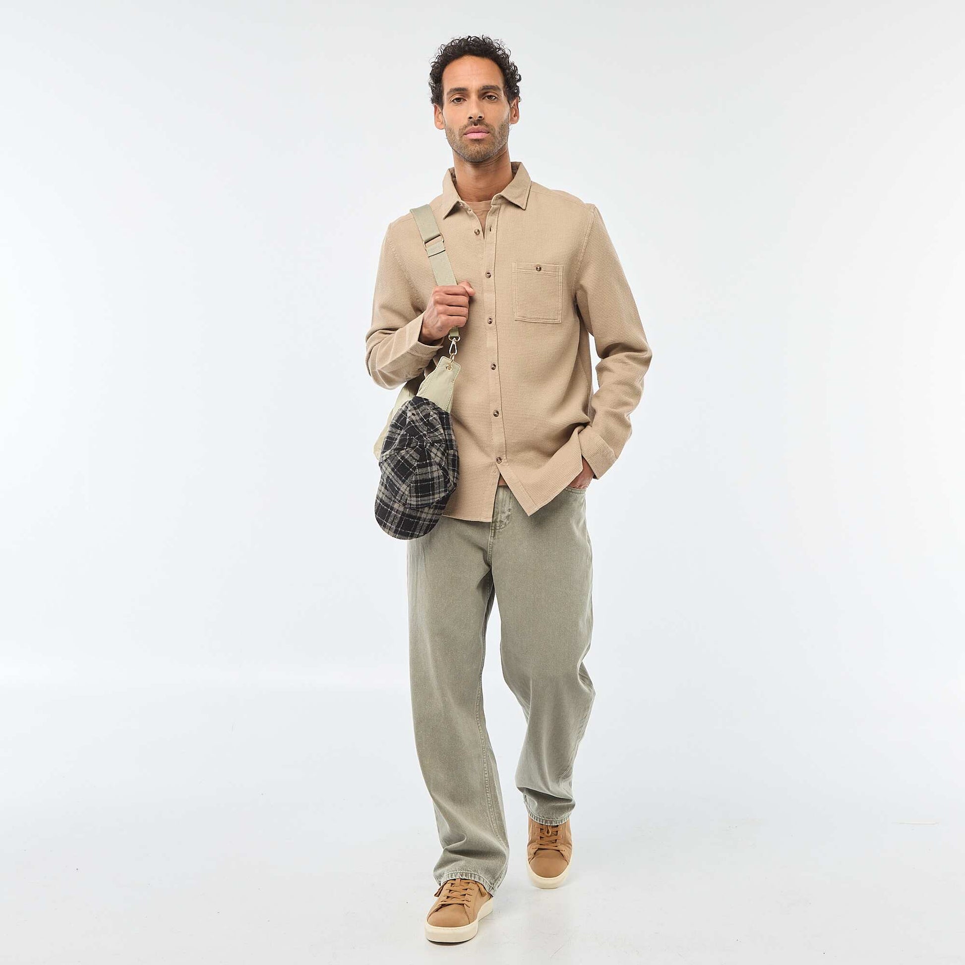 Chemise à manches longues en matière gaufrée BEIGE