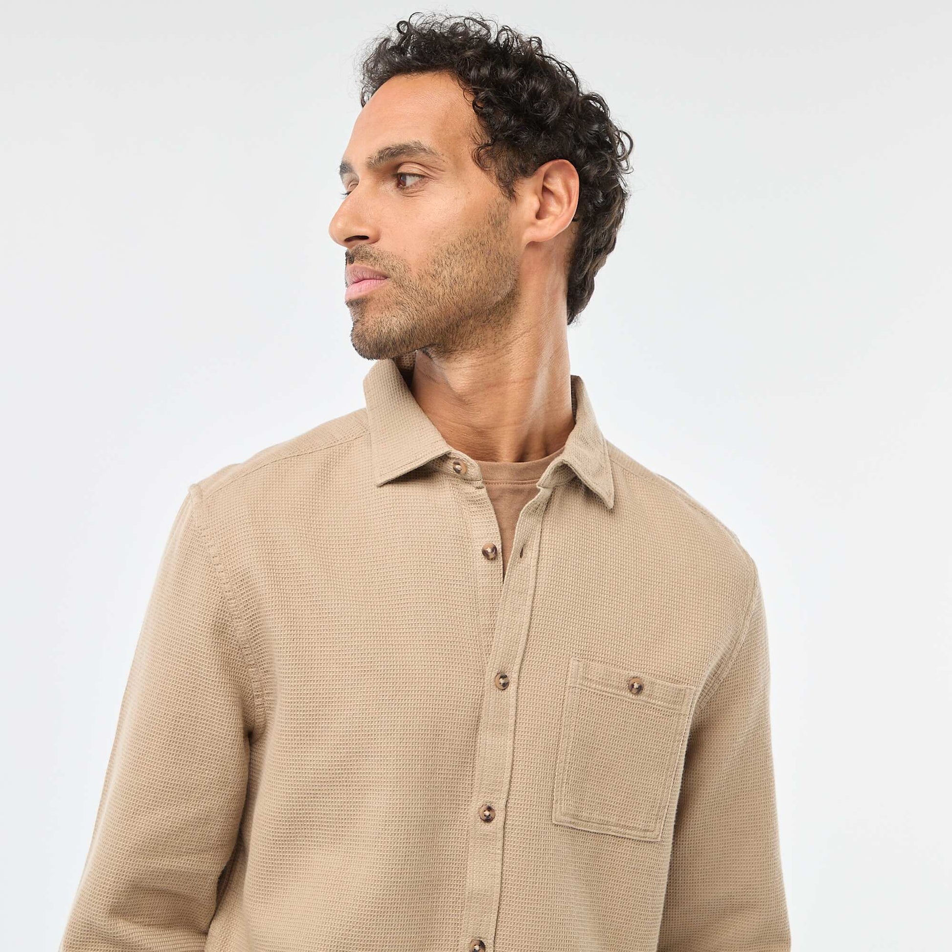 Chemise à manches longues en matière gaufrée BEIGE