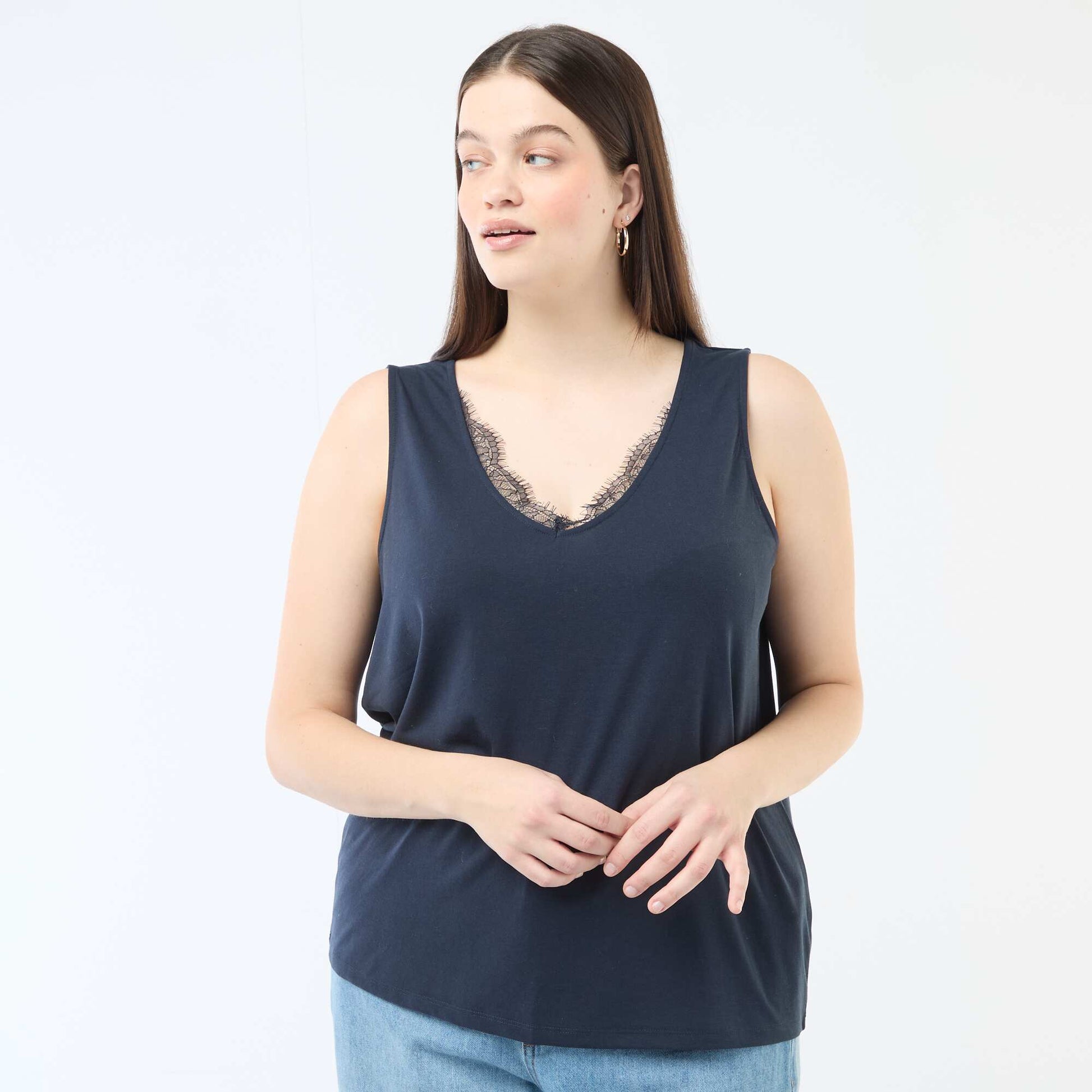 Débardeur col V avec dentelle BLEU