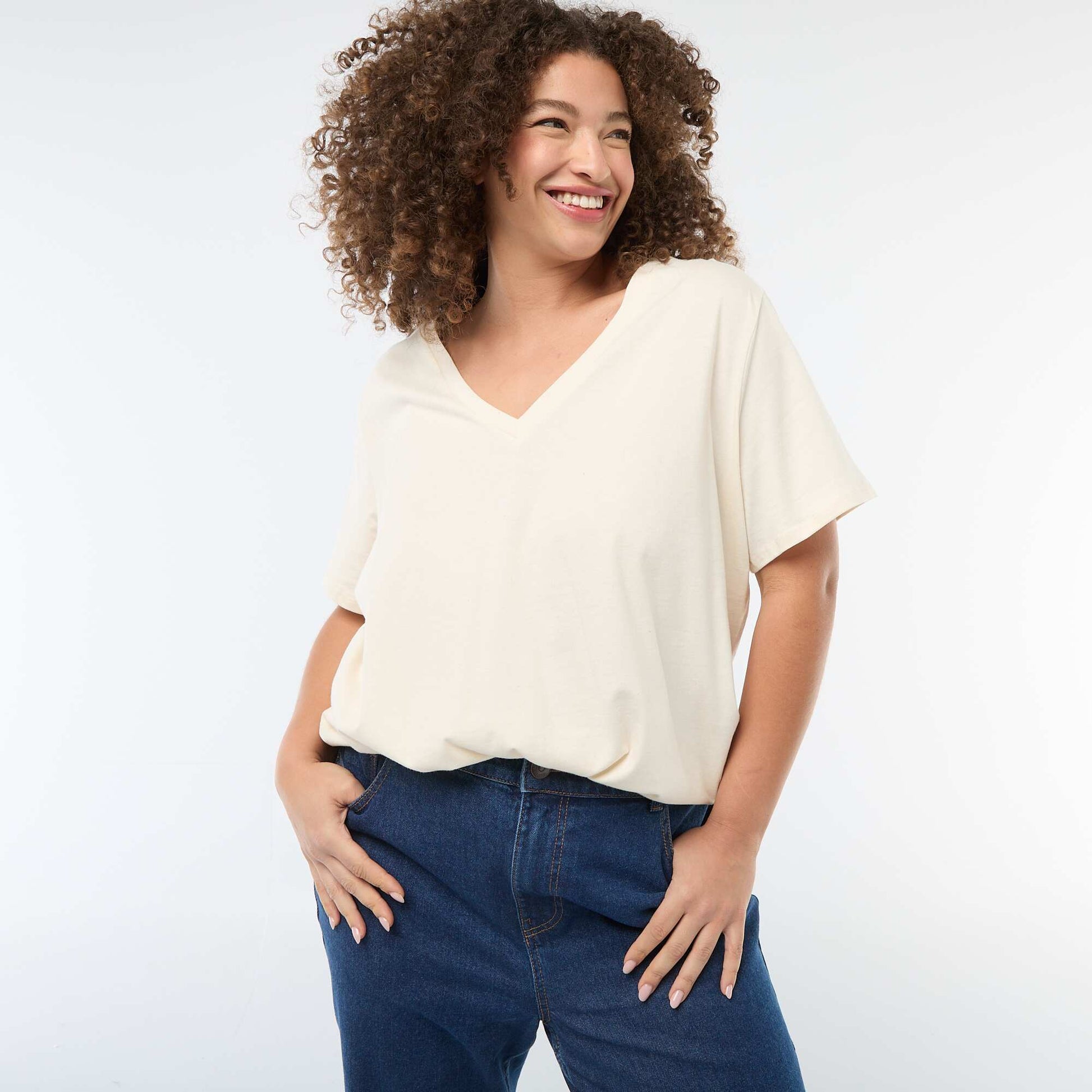 T-shirt basique à manches courtes et col V BLANC