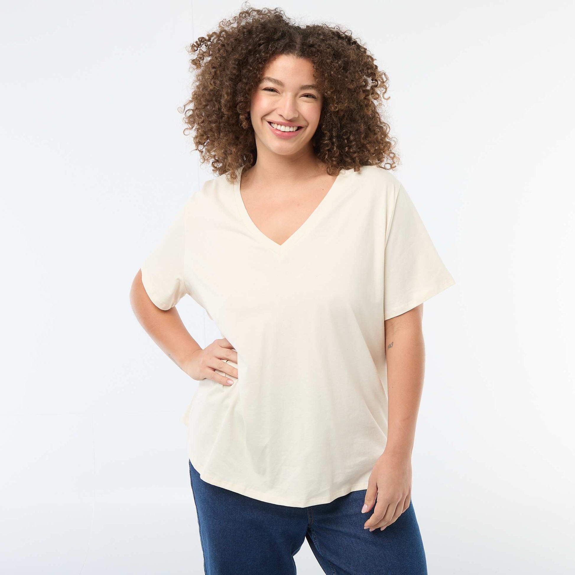 T-shirt basique à manches courtes et col V BLANC