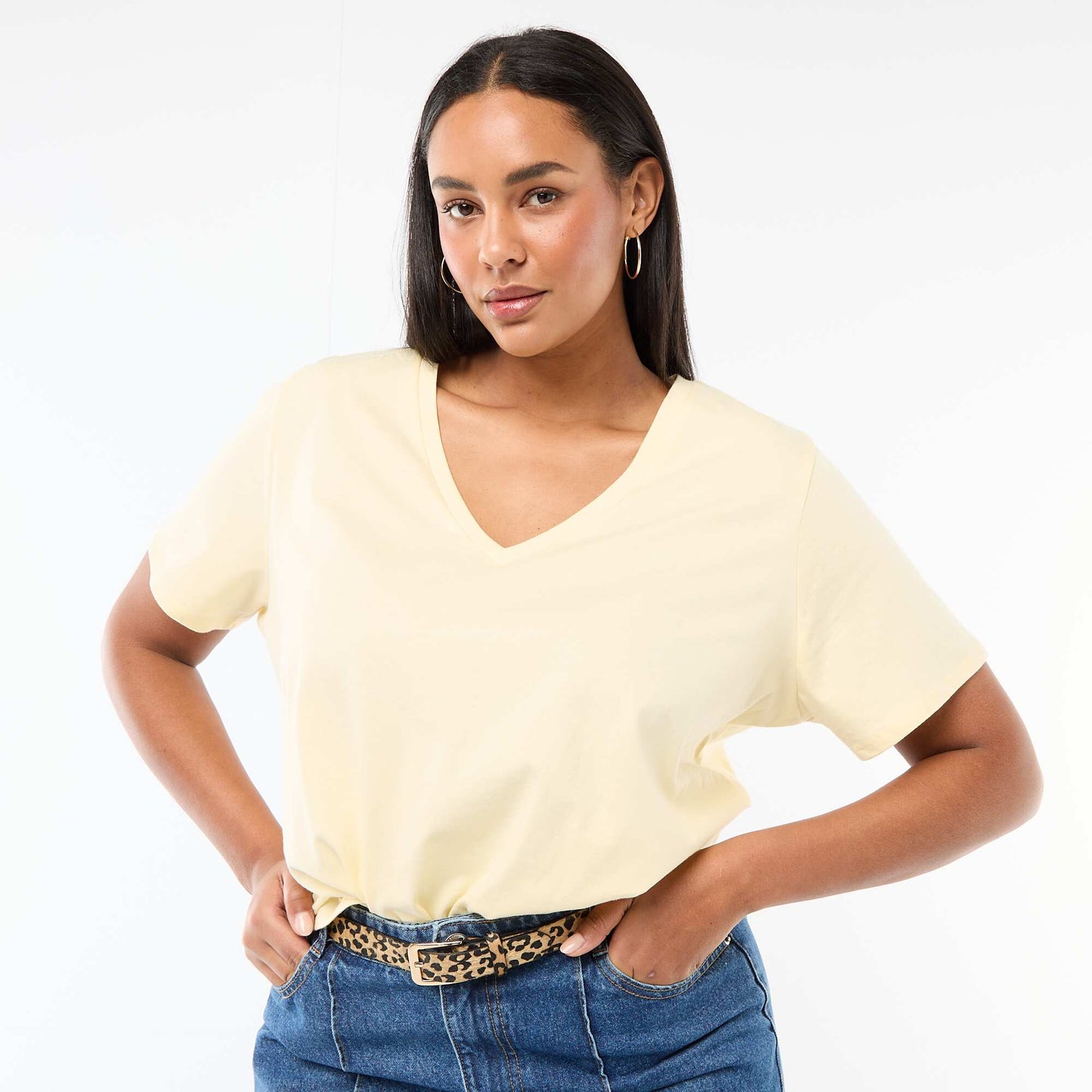 T-shirt basique à manches courtes et col V JAUNE