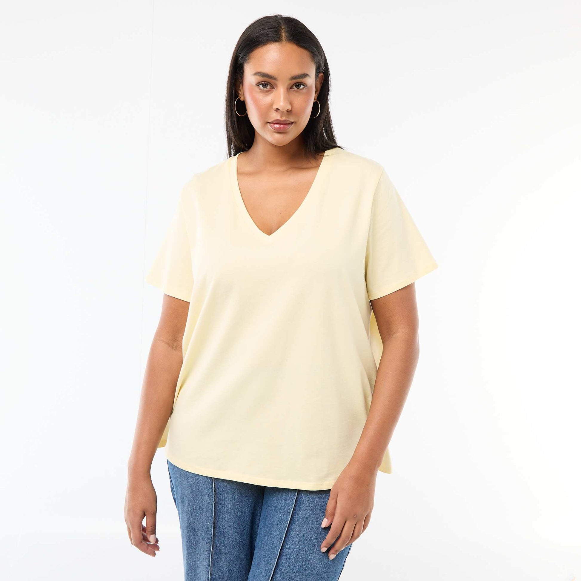 T-shirt basique à manches courtes et col V JAUNE