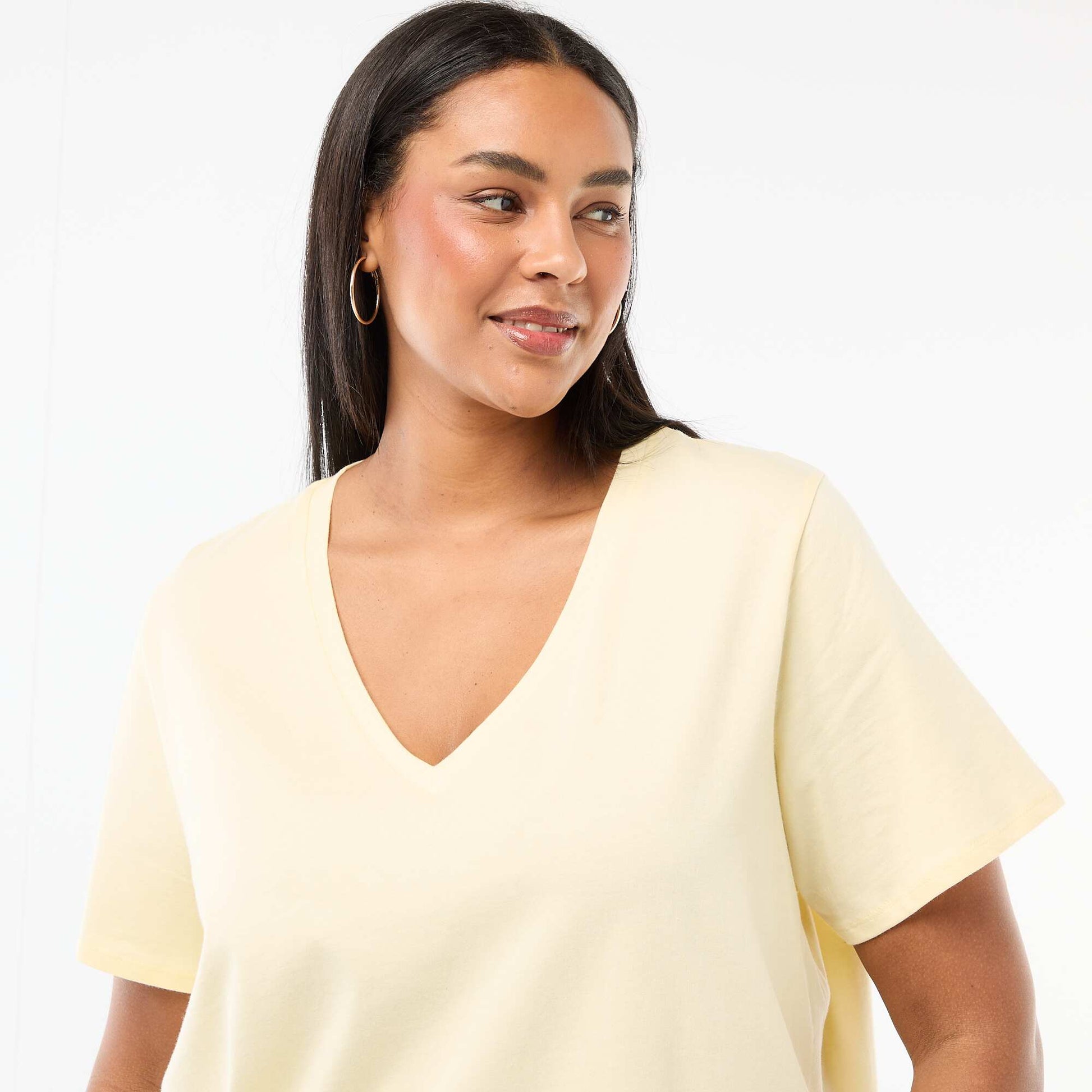 T-shirt basique à manches courtes et col V JAUNE