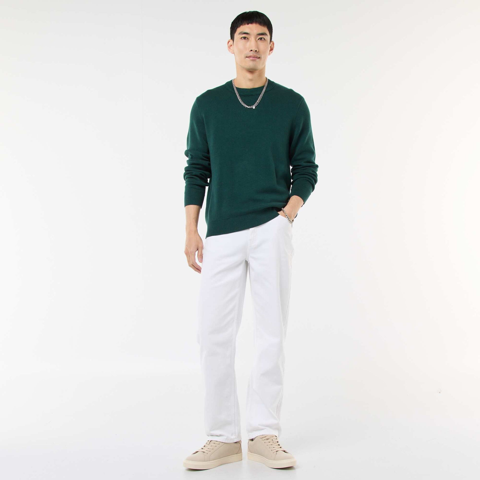 Pull col rond uni VERT