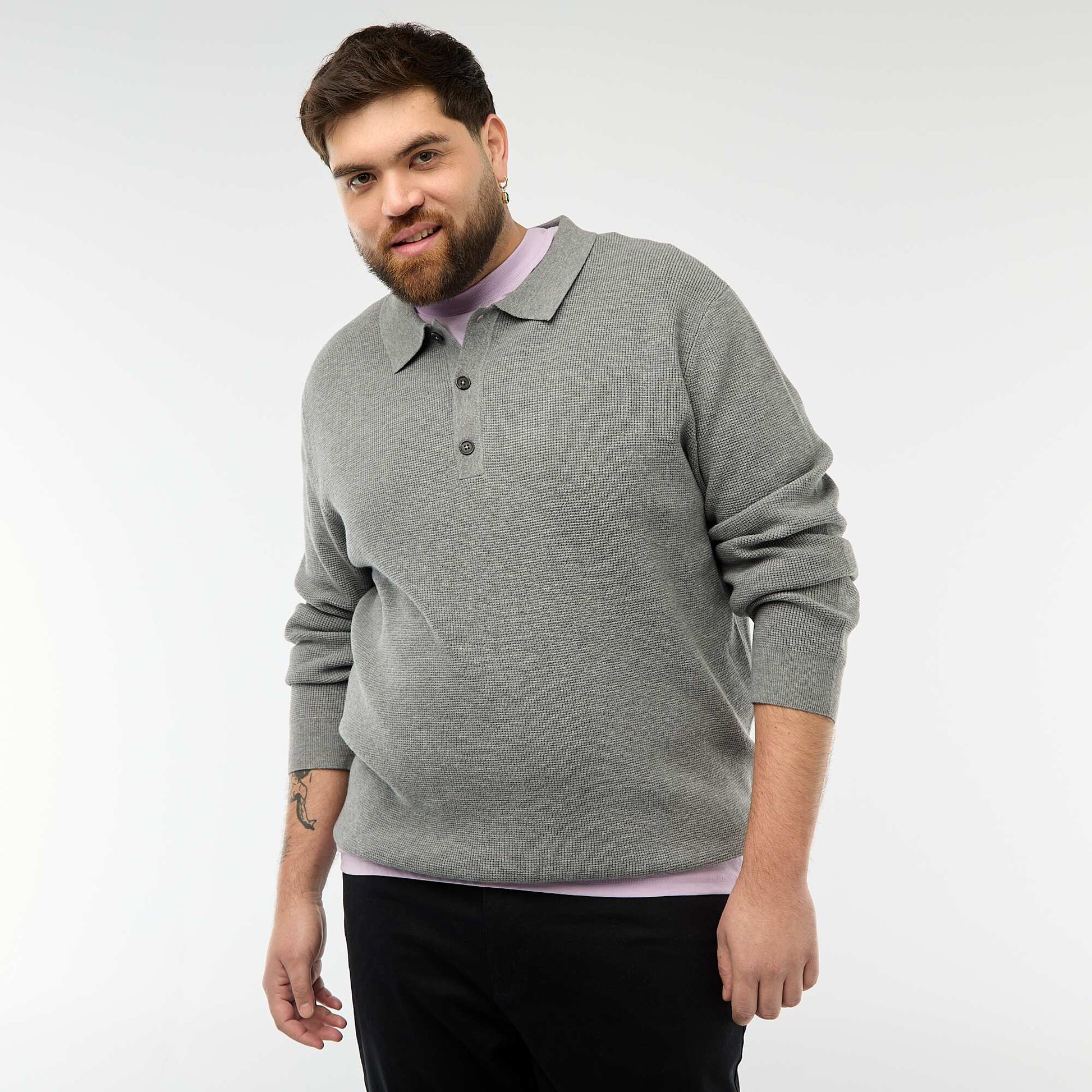 Pull uni col polo boutonné GRIS