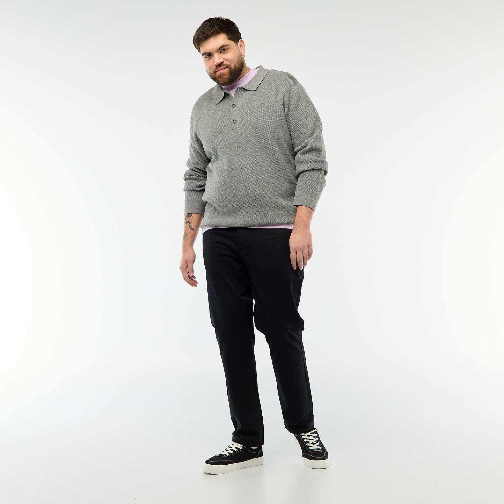 Pull uni col polo boutonné GRIS