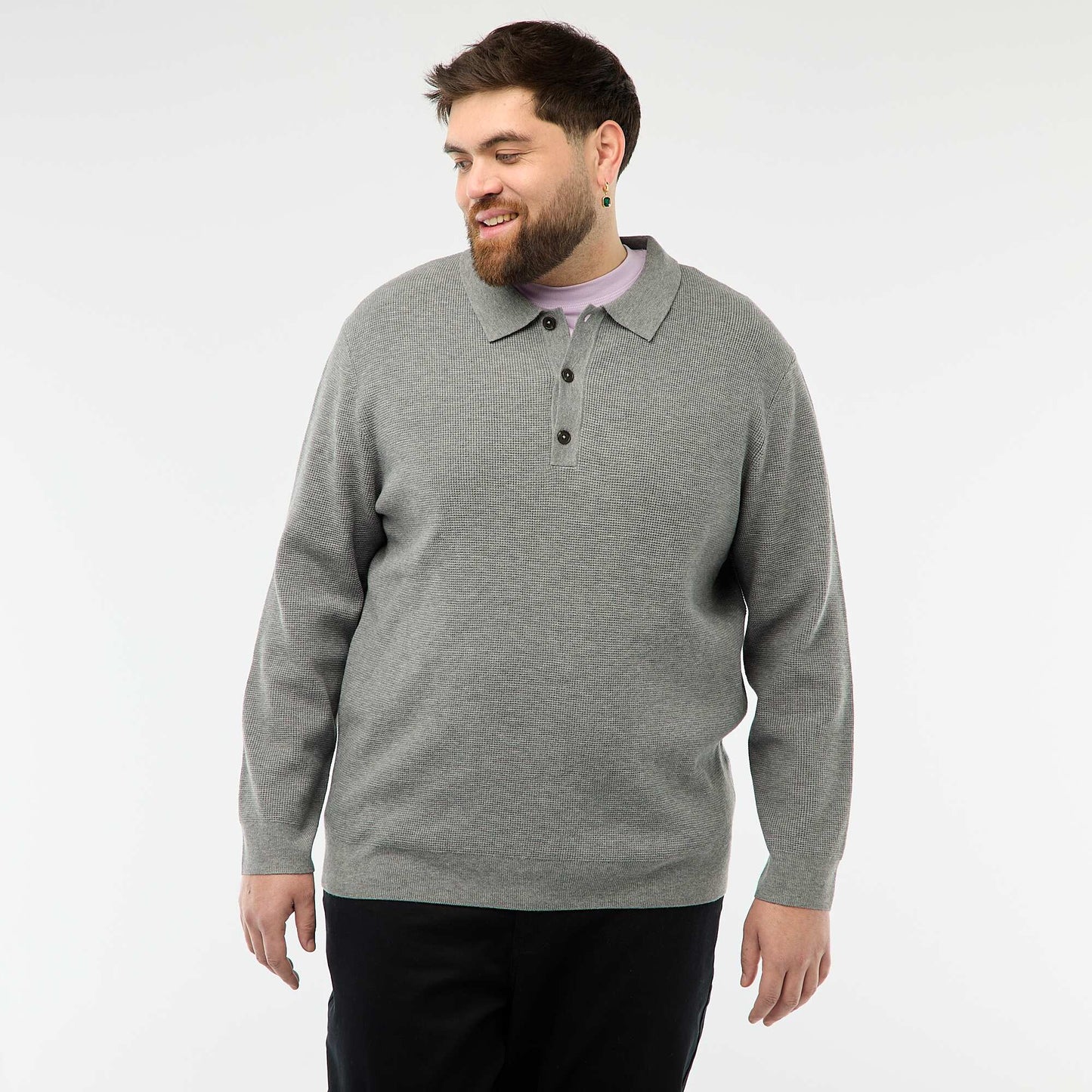 Pull uni col polo boutonné GRIS