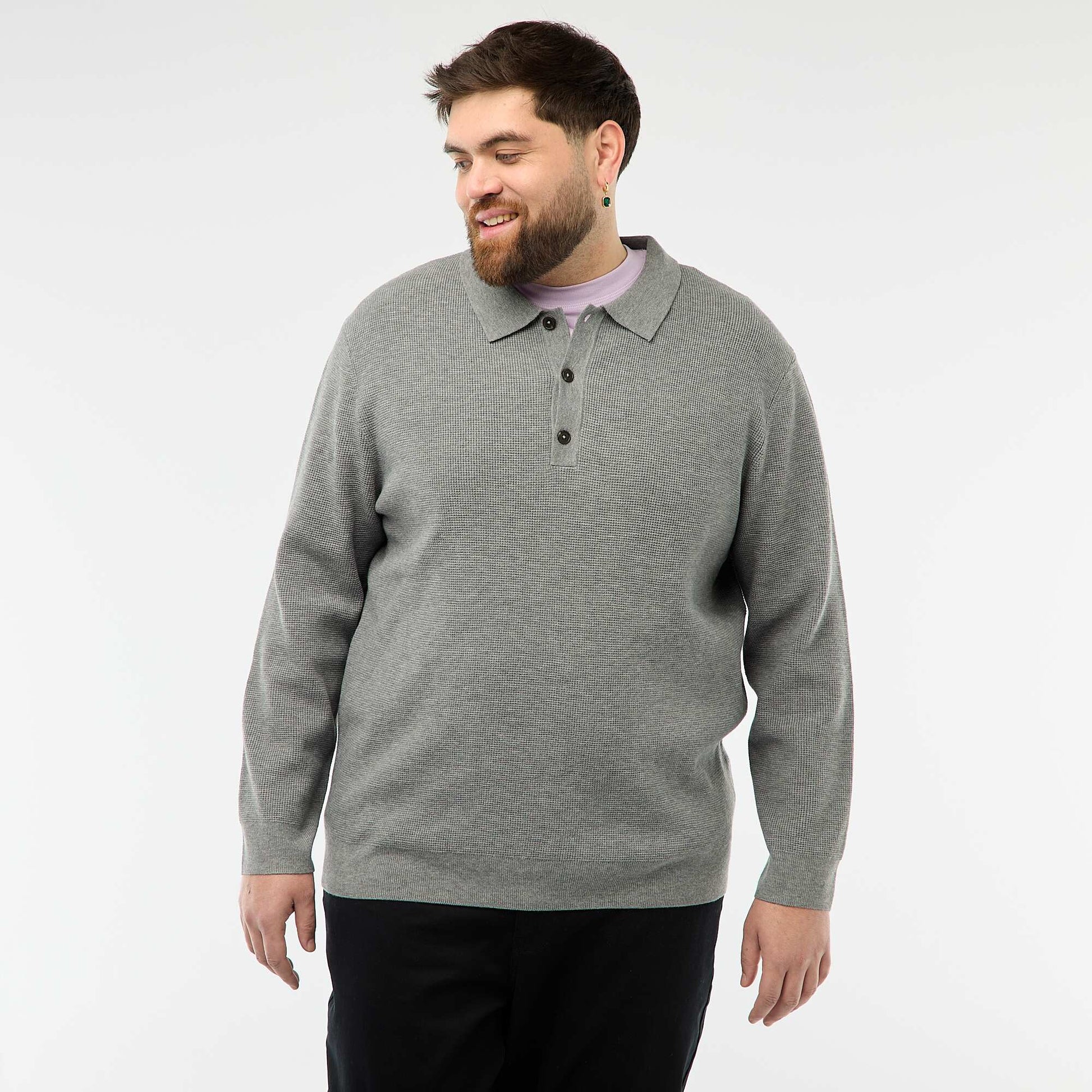 Pull uni col polo boutonné GRIS