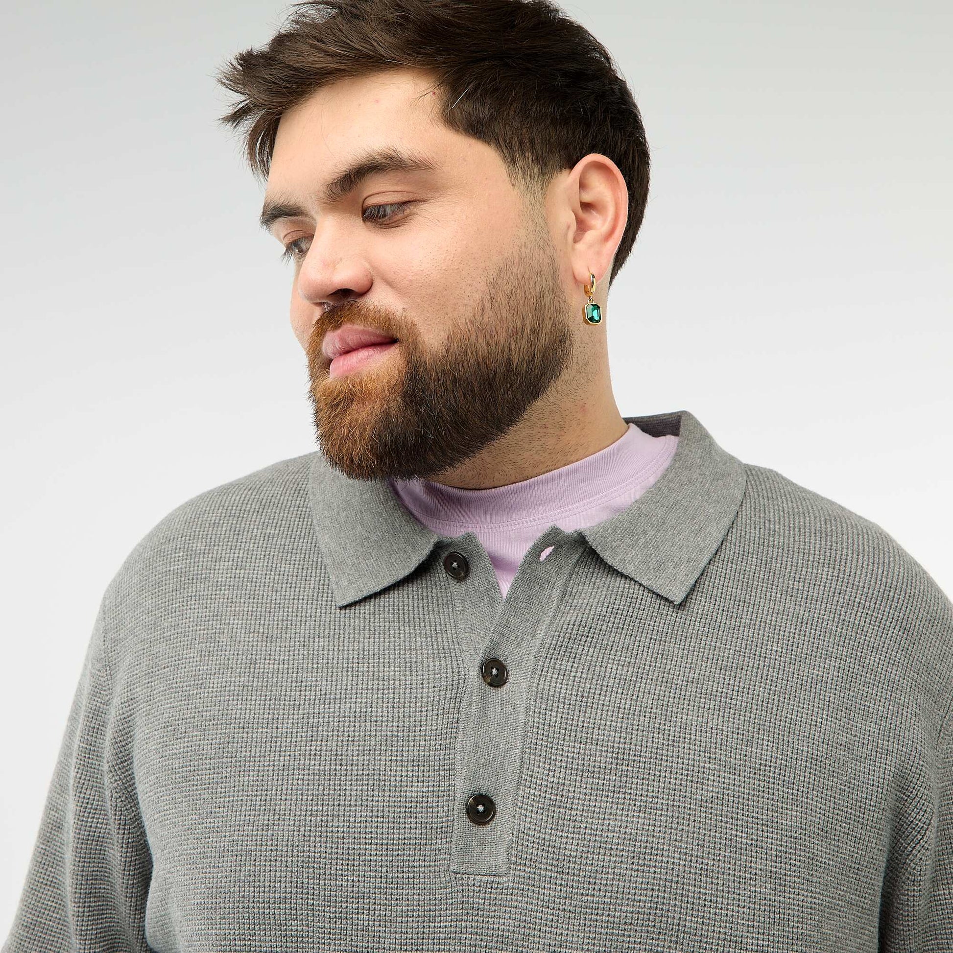 Pull uni col polo boutonné GRIS