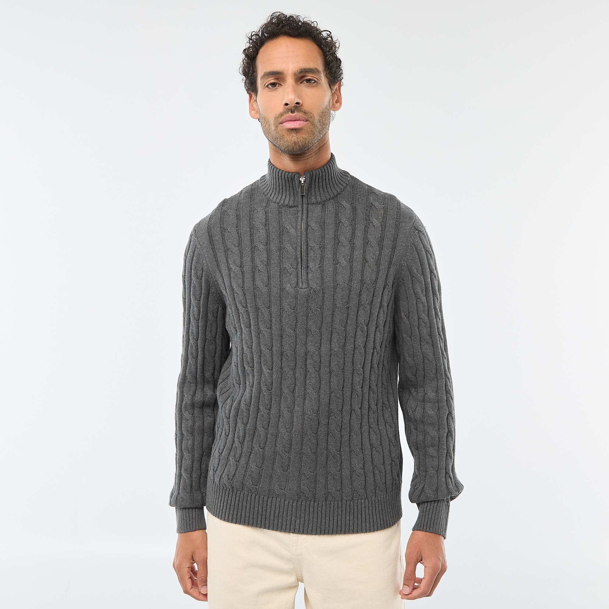 Pull col camionneur zippé torsadé en coton GRIS
