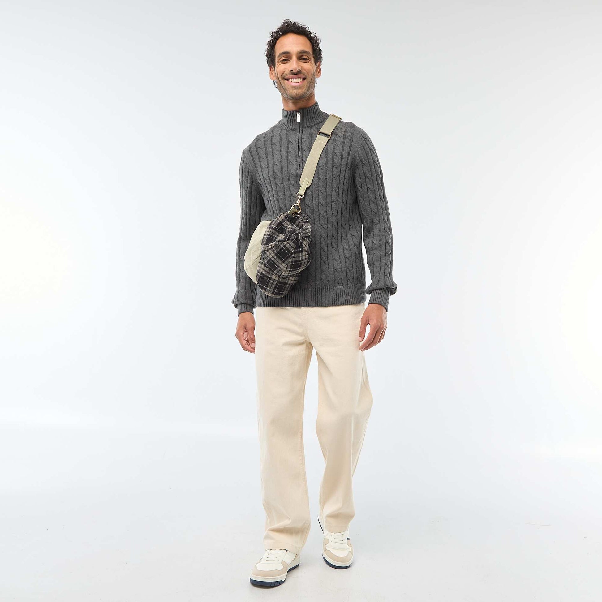 Pull col camionneur zippé torsadé en coton GRIS