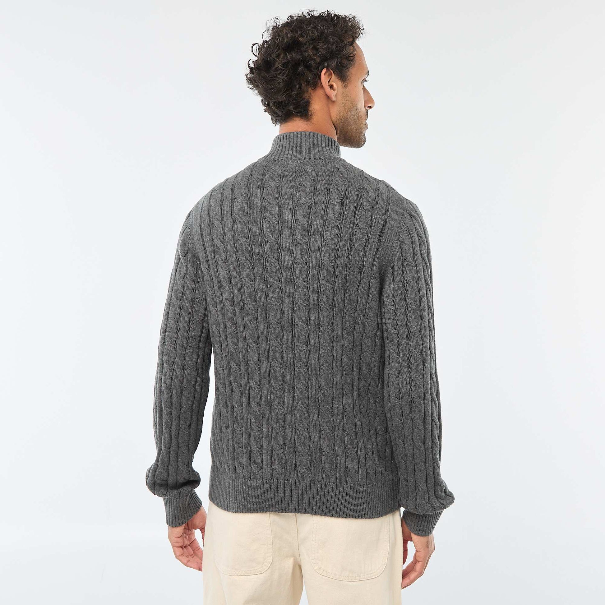 Pull col camionneur zippé torsadé en coton GRIS