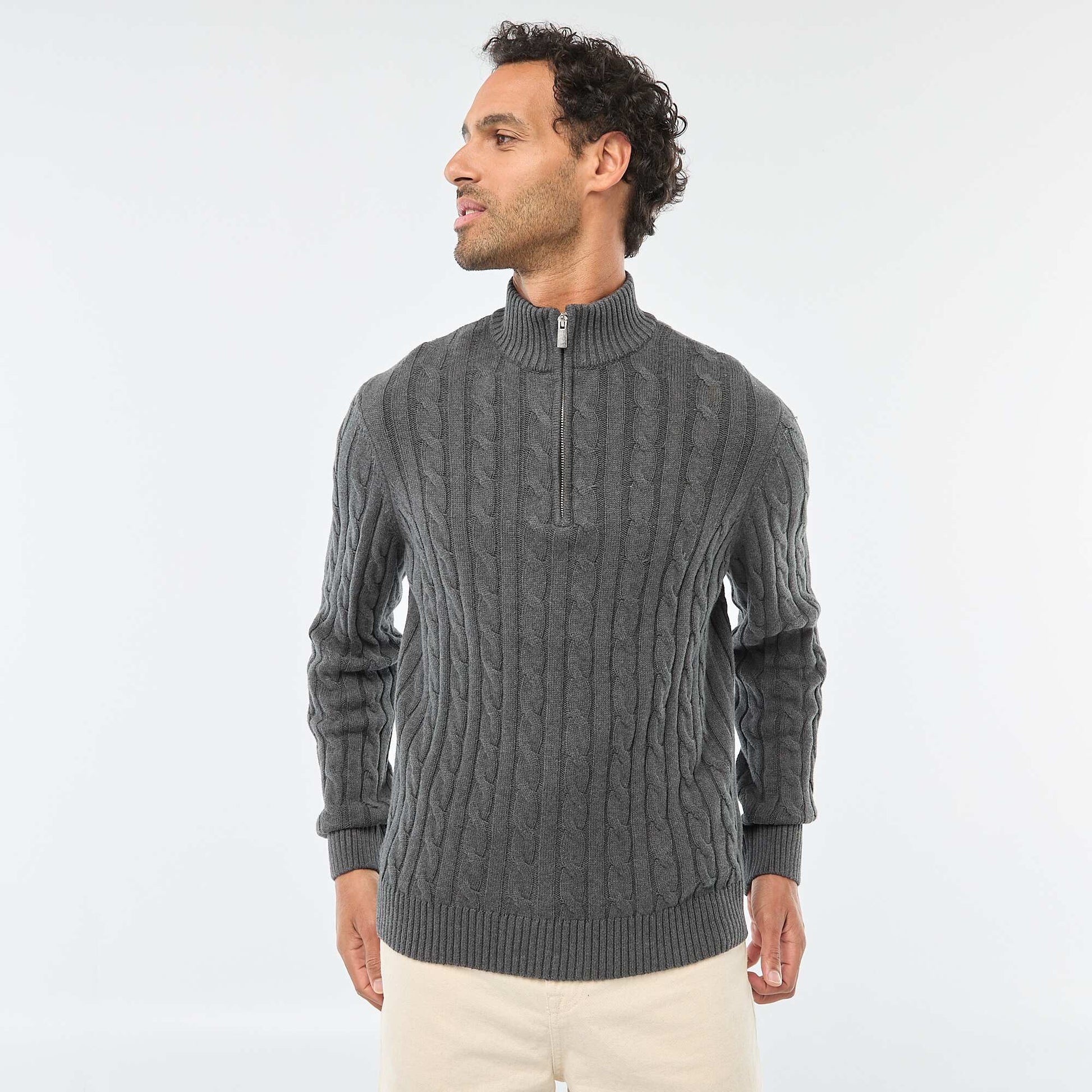 Pull col camionneur zippé torsadé en coton GRIS