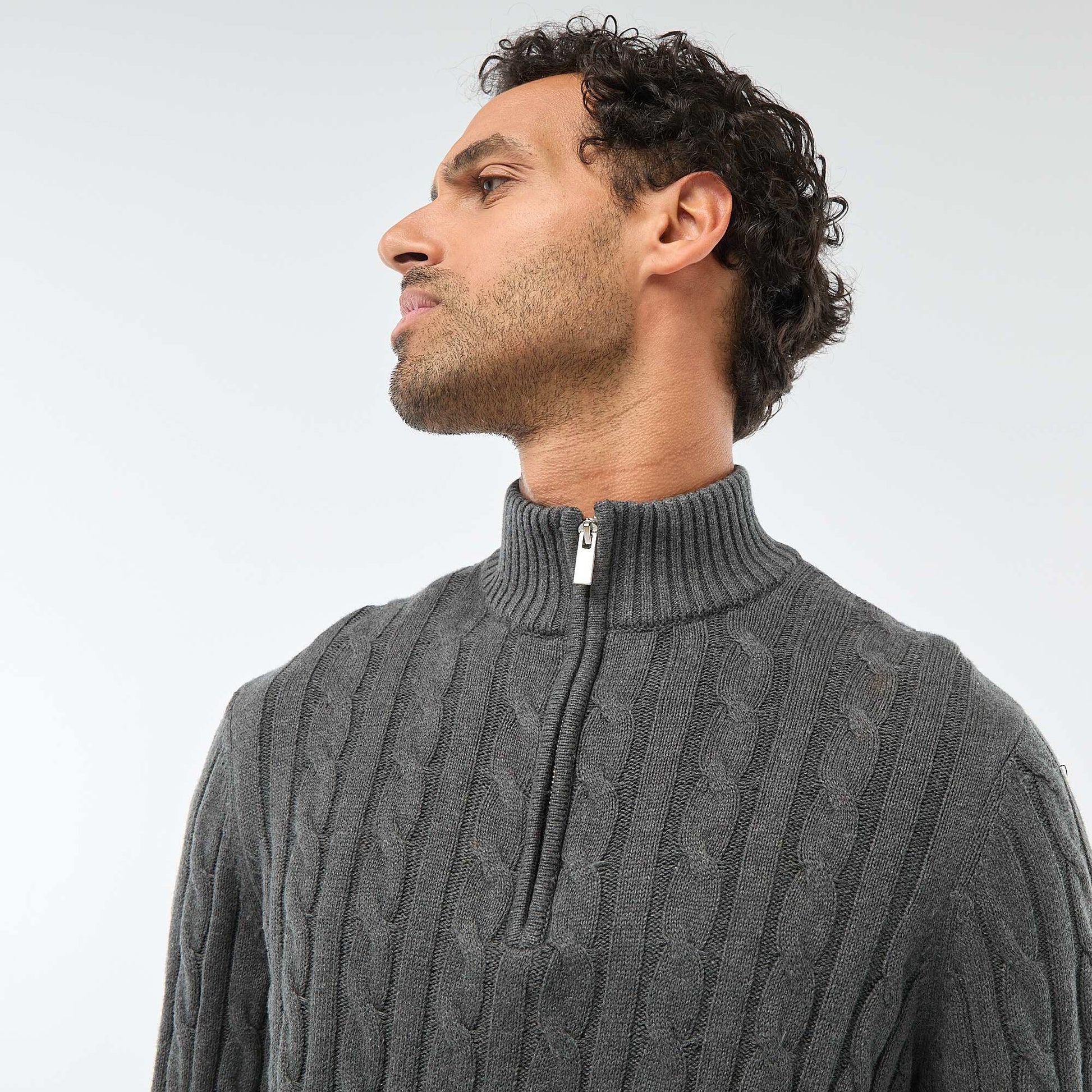 Pull col camionneur zippé torsadé en coton GRIS