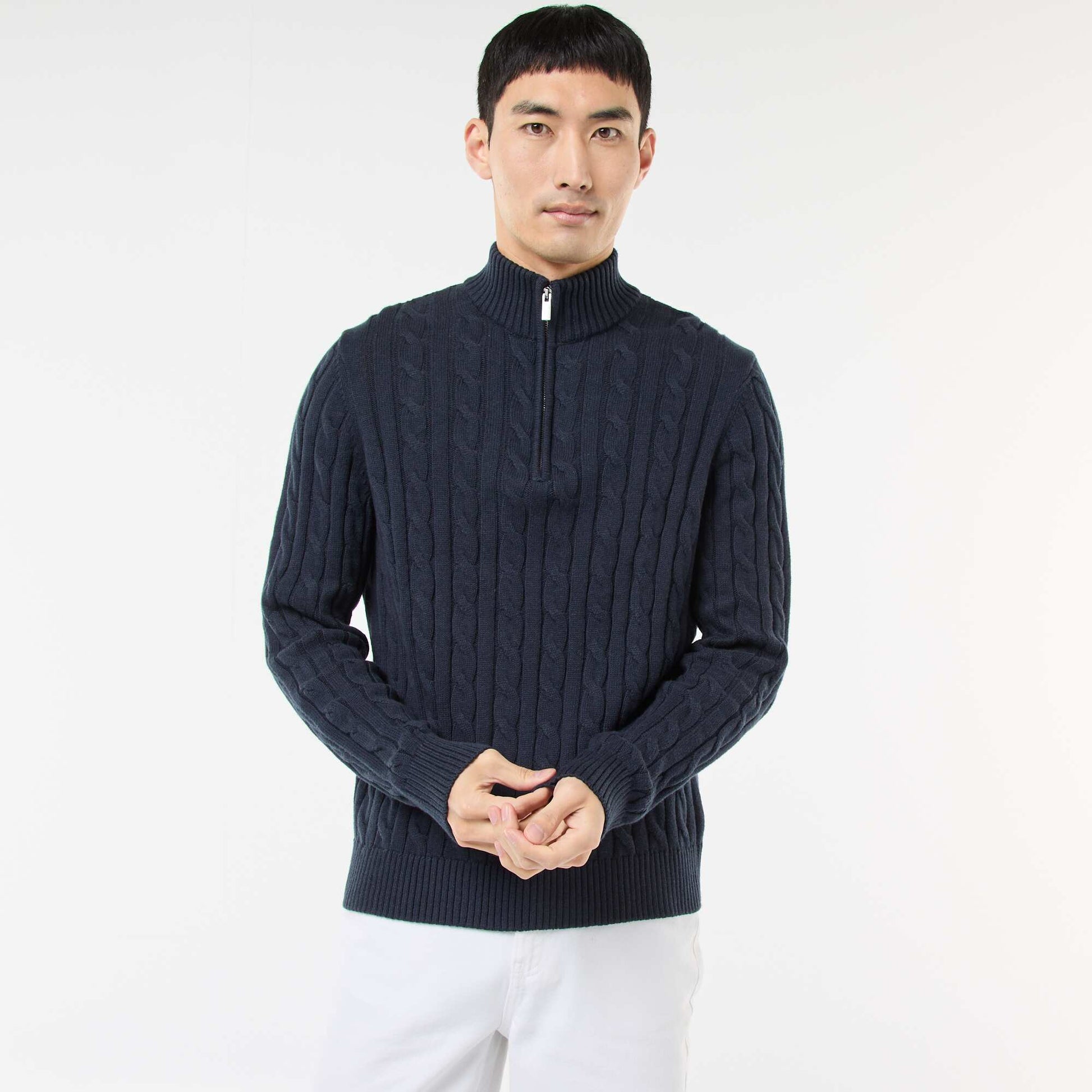 Pull col camionneur zippé torsadé en coton BLEU