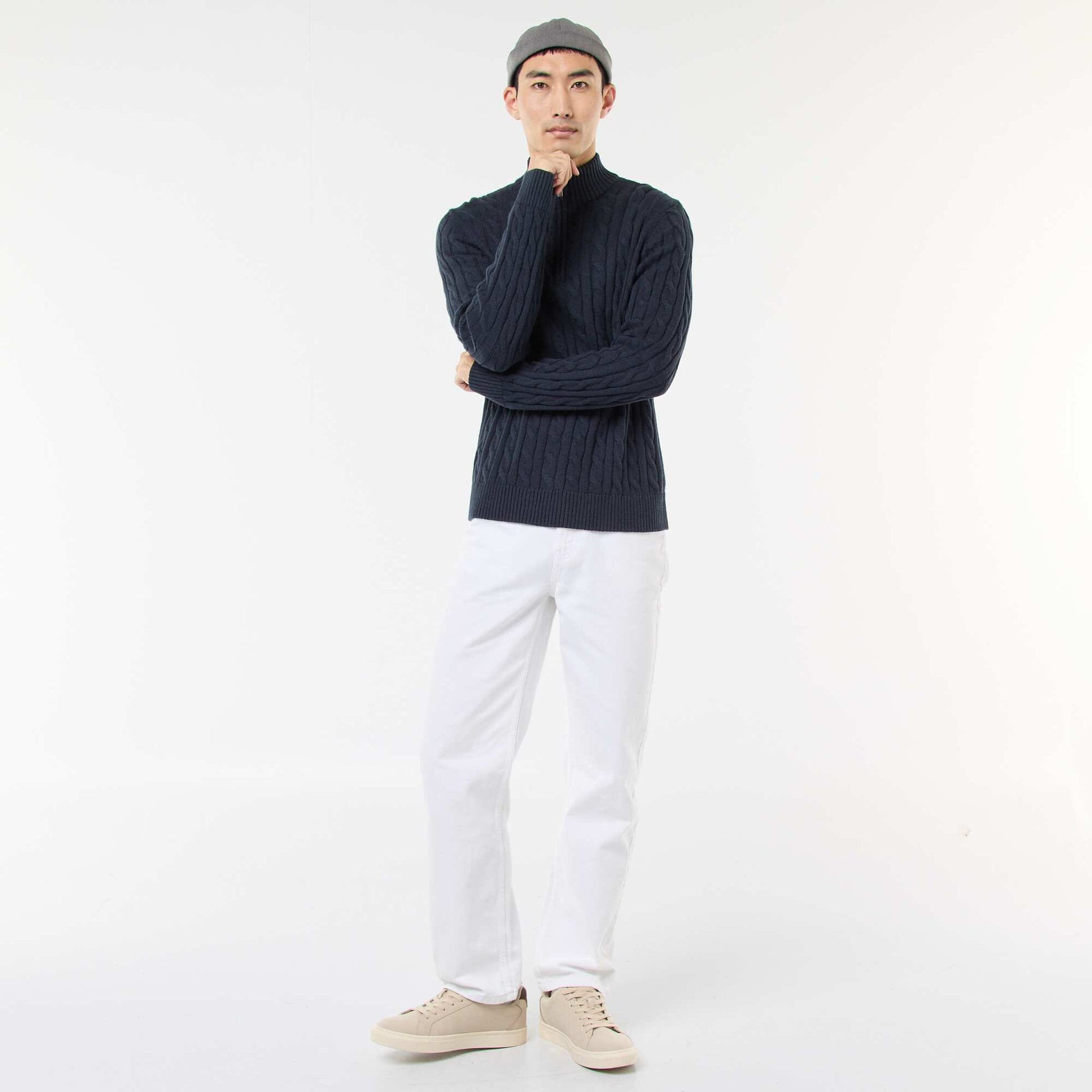 Pull col camionneur zippé torsadé en coton BLEU