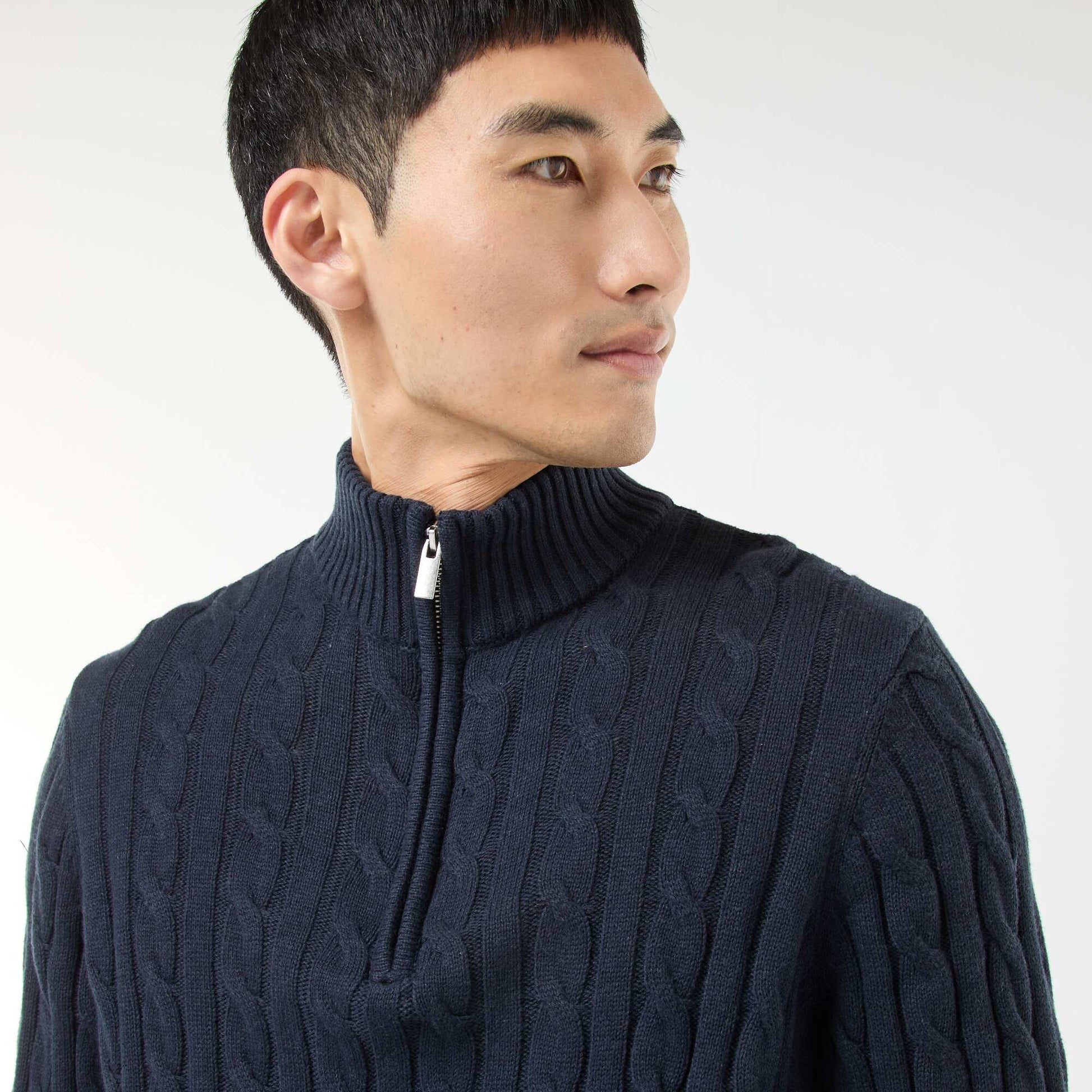 Pull col camionneur zippé torsadé en coton BLEU