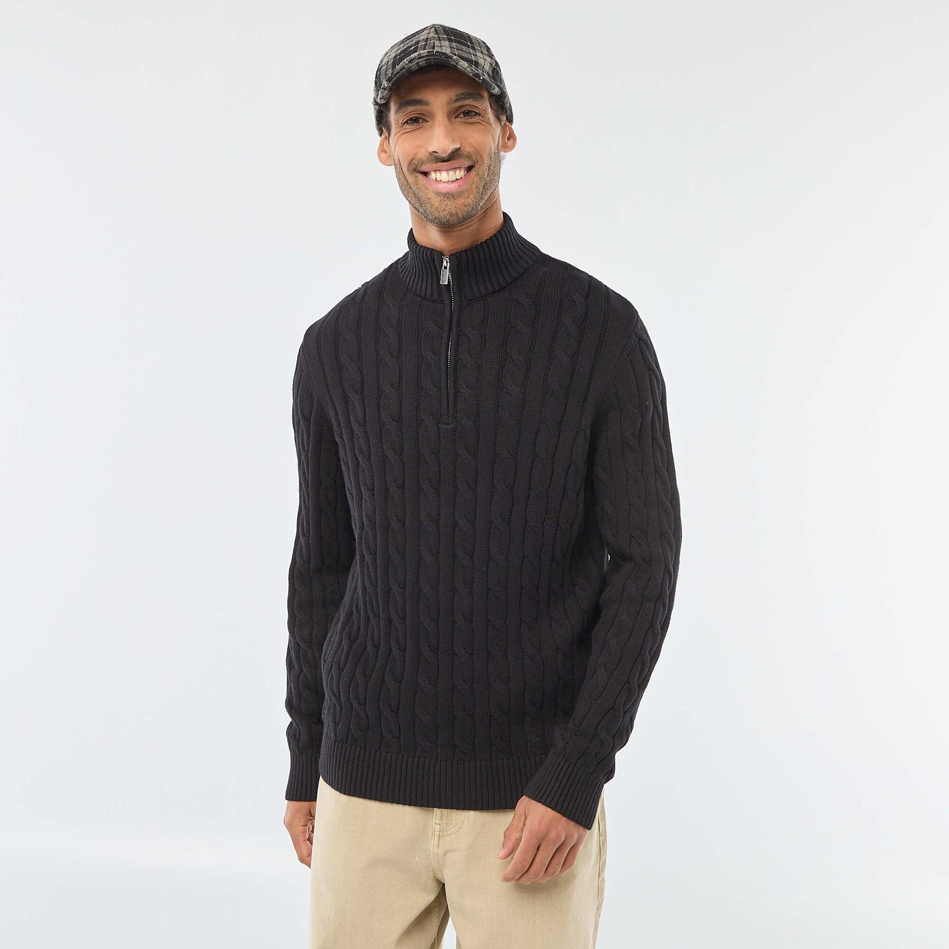 Pull col camionneur zippé torsadé en coton NOIR