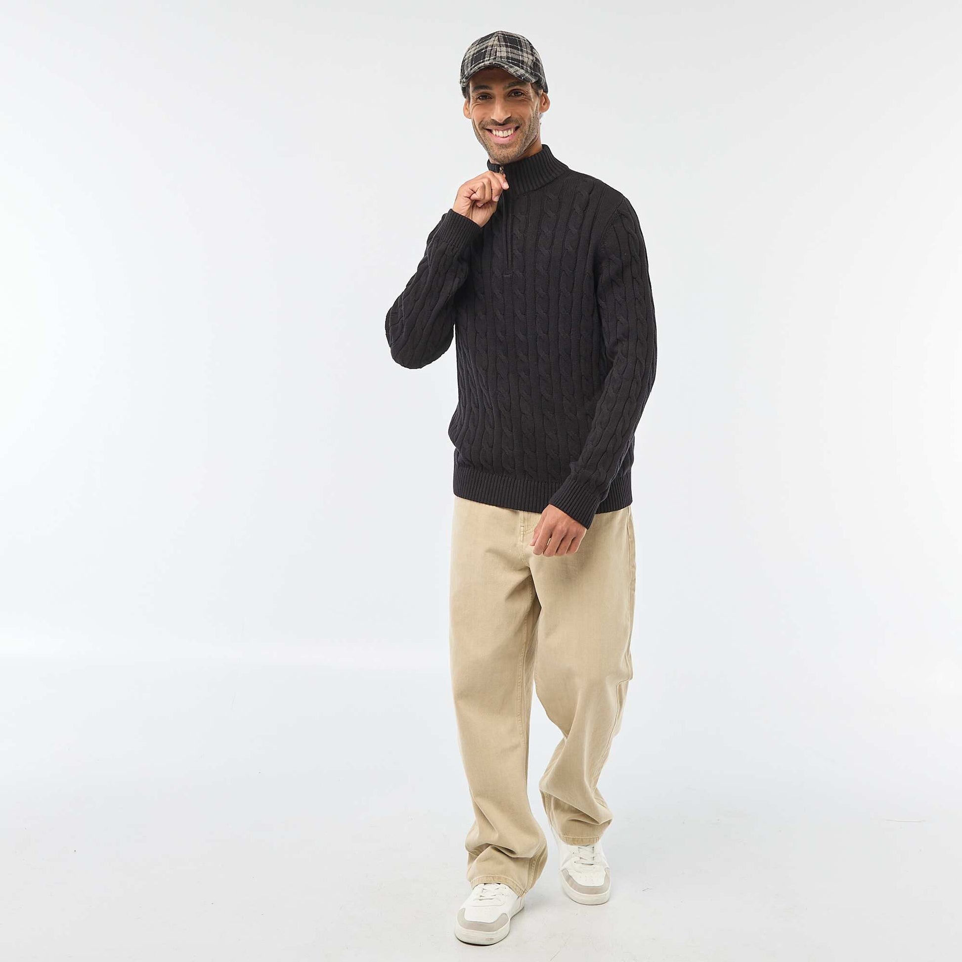 Pull col camionneur zippé torsadé en coton NOIR