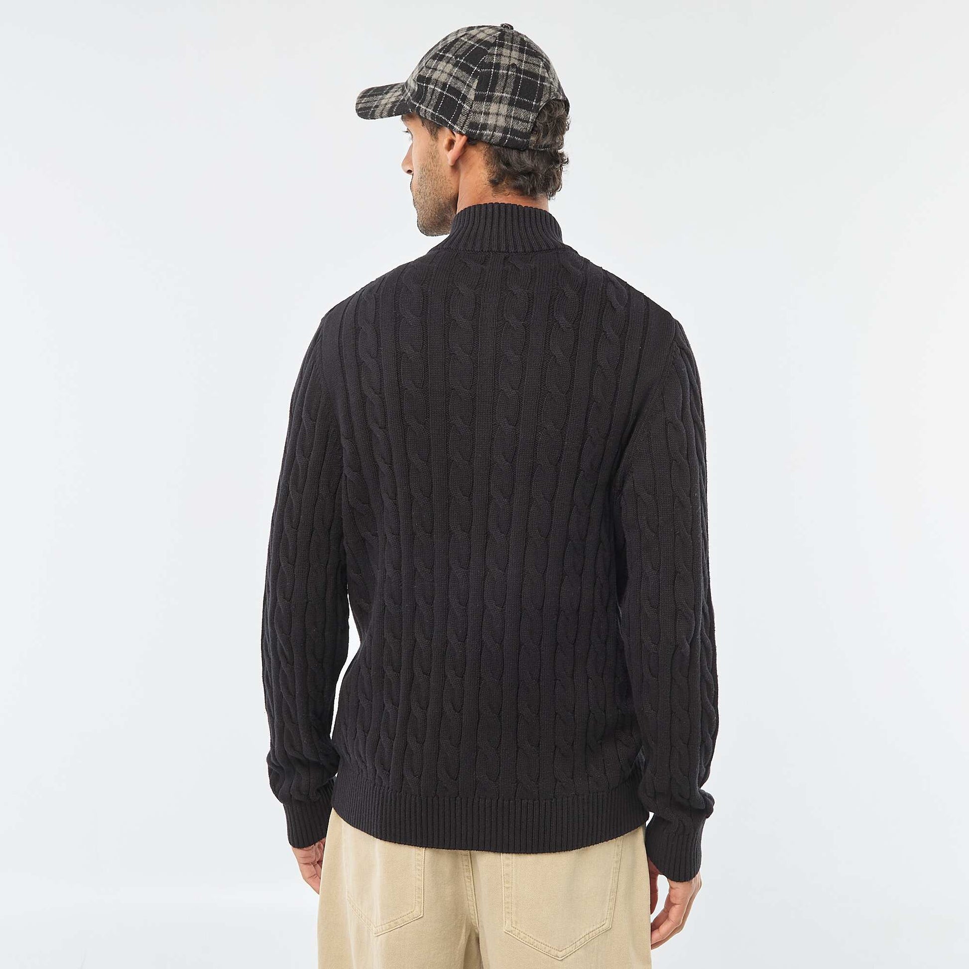 Pull col camionneur zippé torsadé en coton NOIR