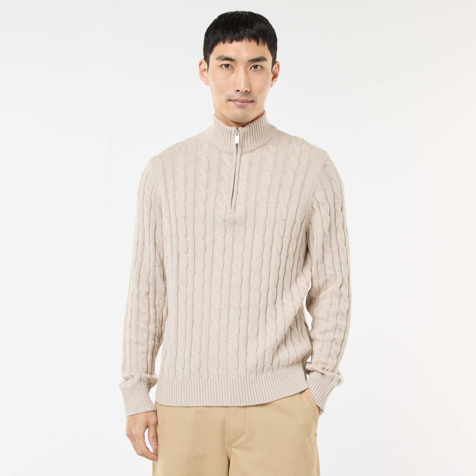 Pull col camionneur zippé torsadé en coton BEIGE