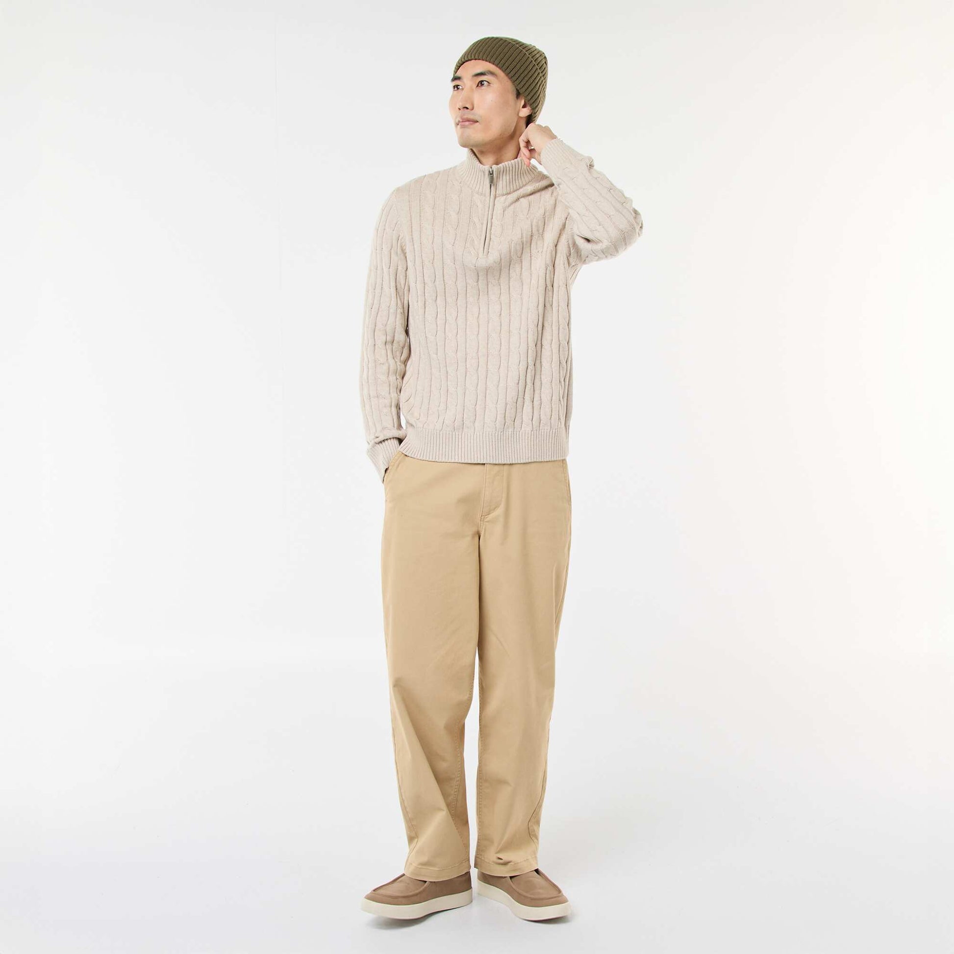 Pull col camionneur zippé torsadé en coton BEIGE