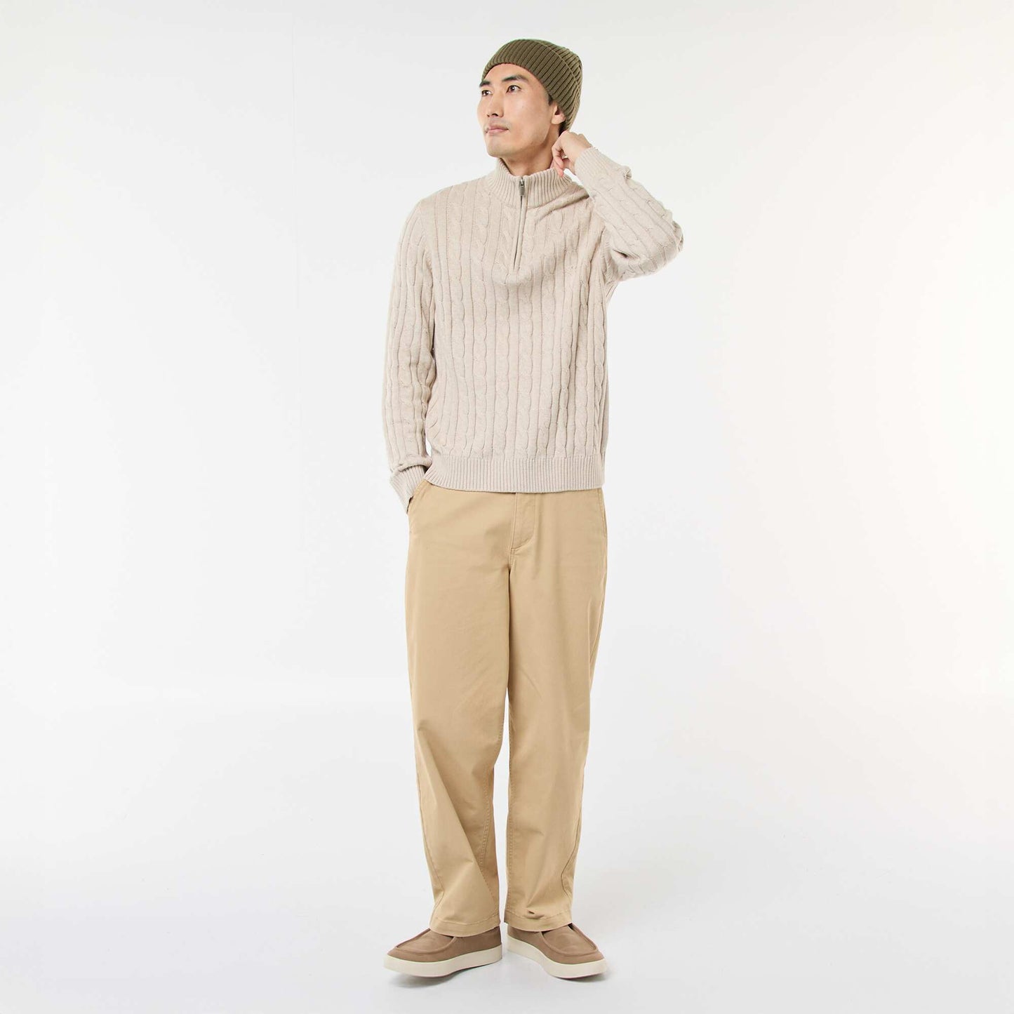 Pull col camionneur zippé torsadé en coton BEIGE