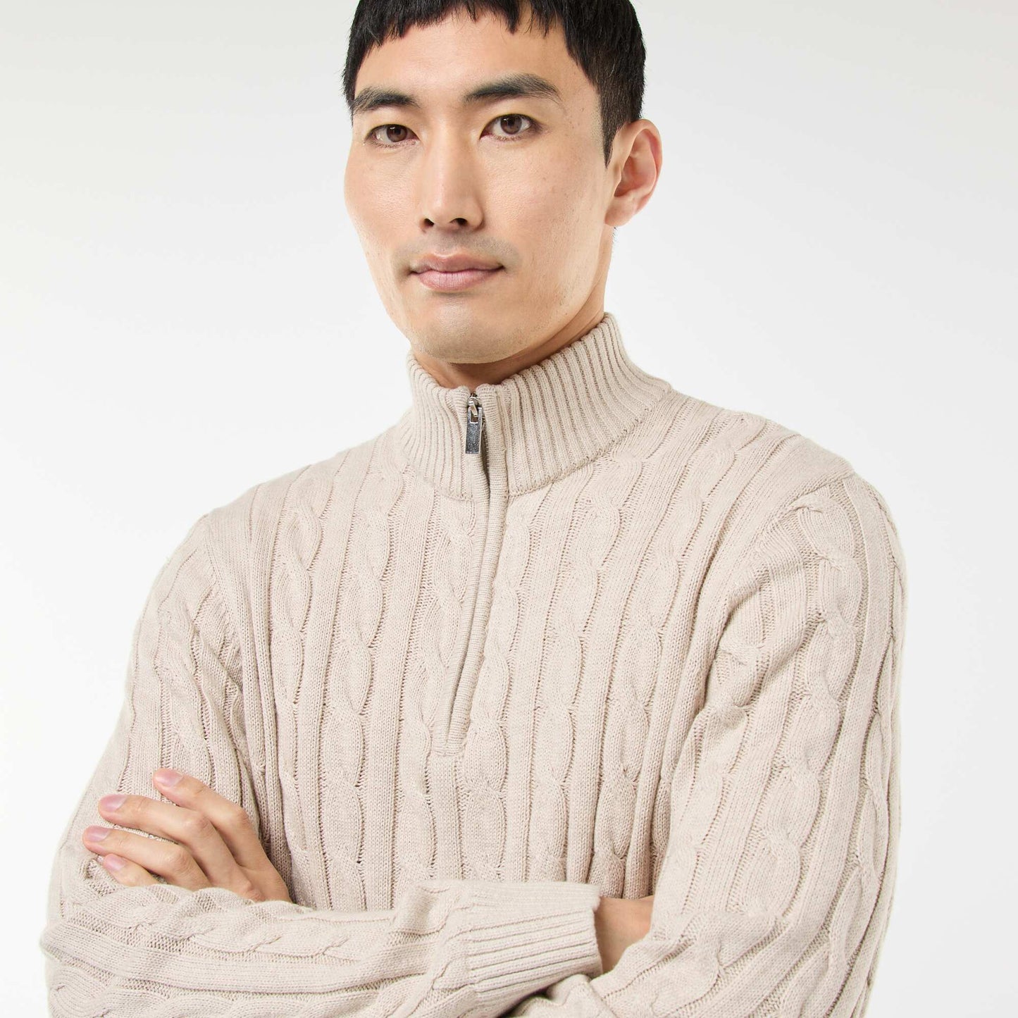 Pull col camionneur zippé torsadé en coton BEIGE