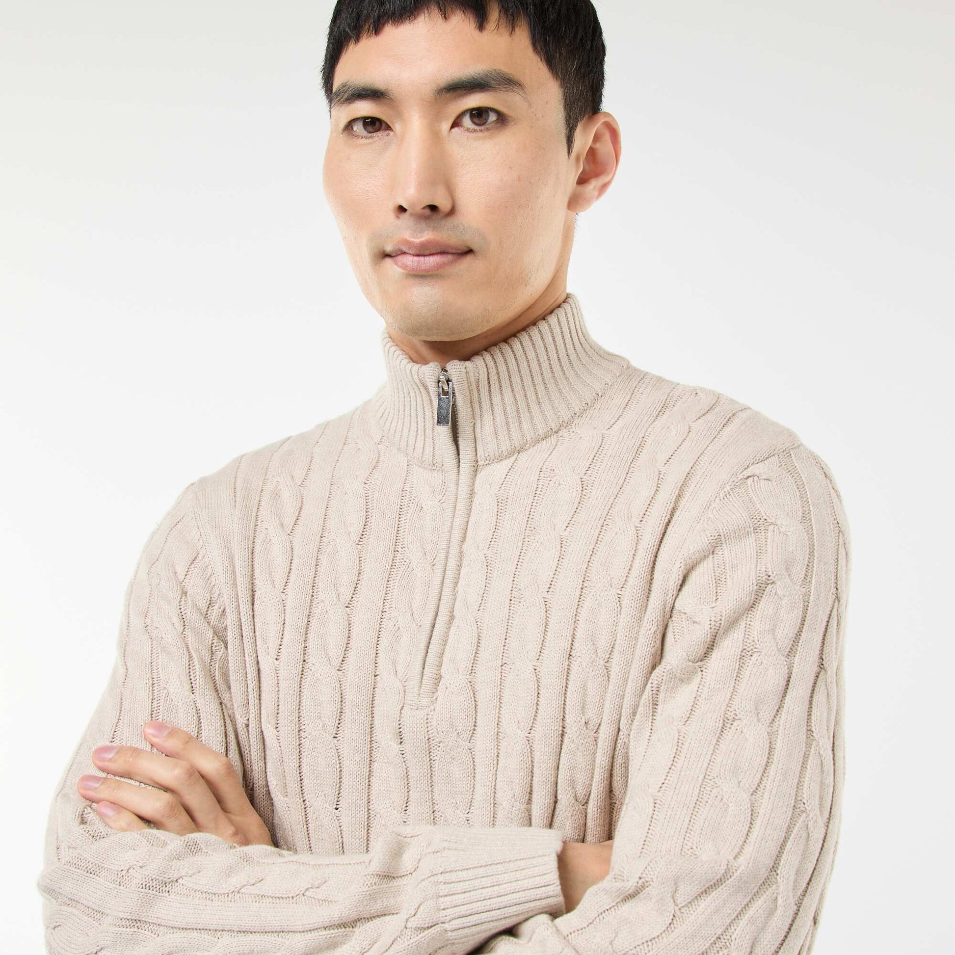Pull col camionneur zippé torsadé en coton BEIGE