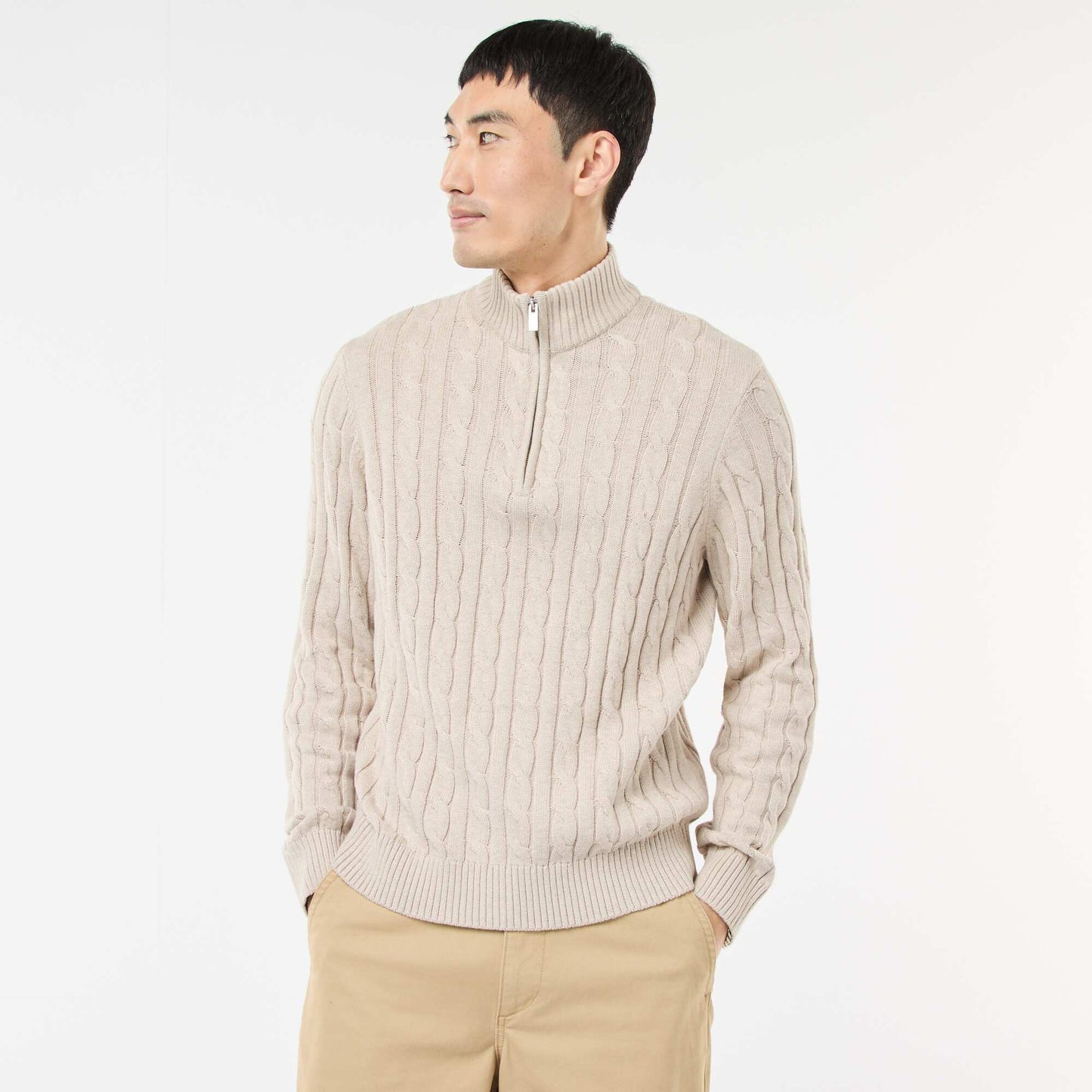 Pull col camionneur zippé torsadé en coton BEIGE