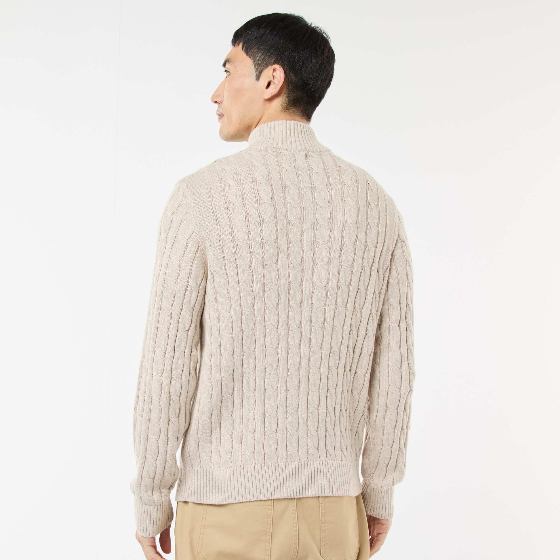 Pull col camionneur zippé torsadé en coton BEIGE