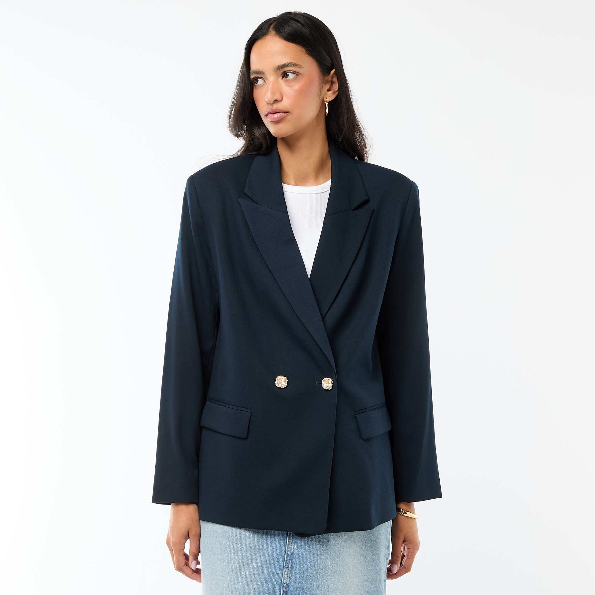 Veste de tailleur avec ouverture double boutonnage BLEU