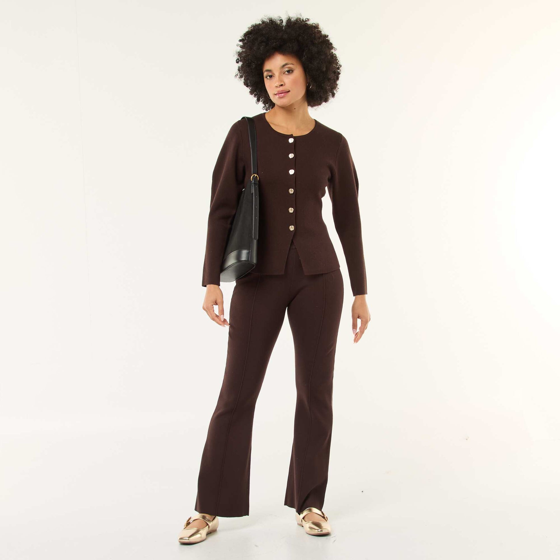 Pantalon large en maille ottoman uni MARRON