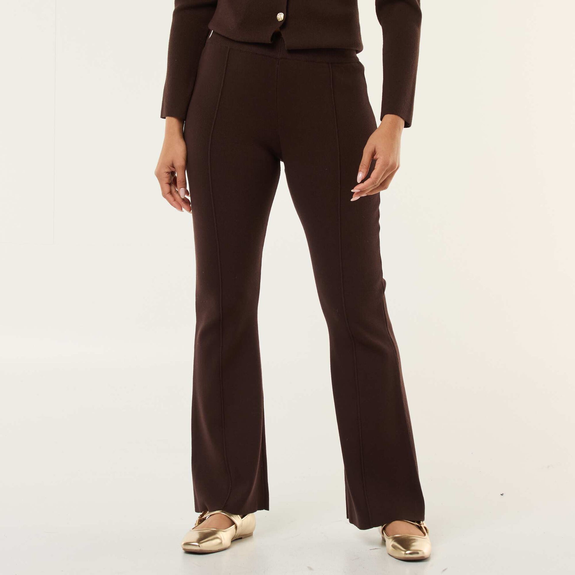 Pantalon large en maille ottoman uni MARRON