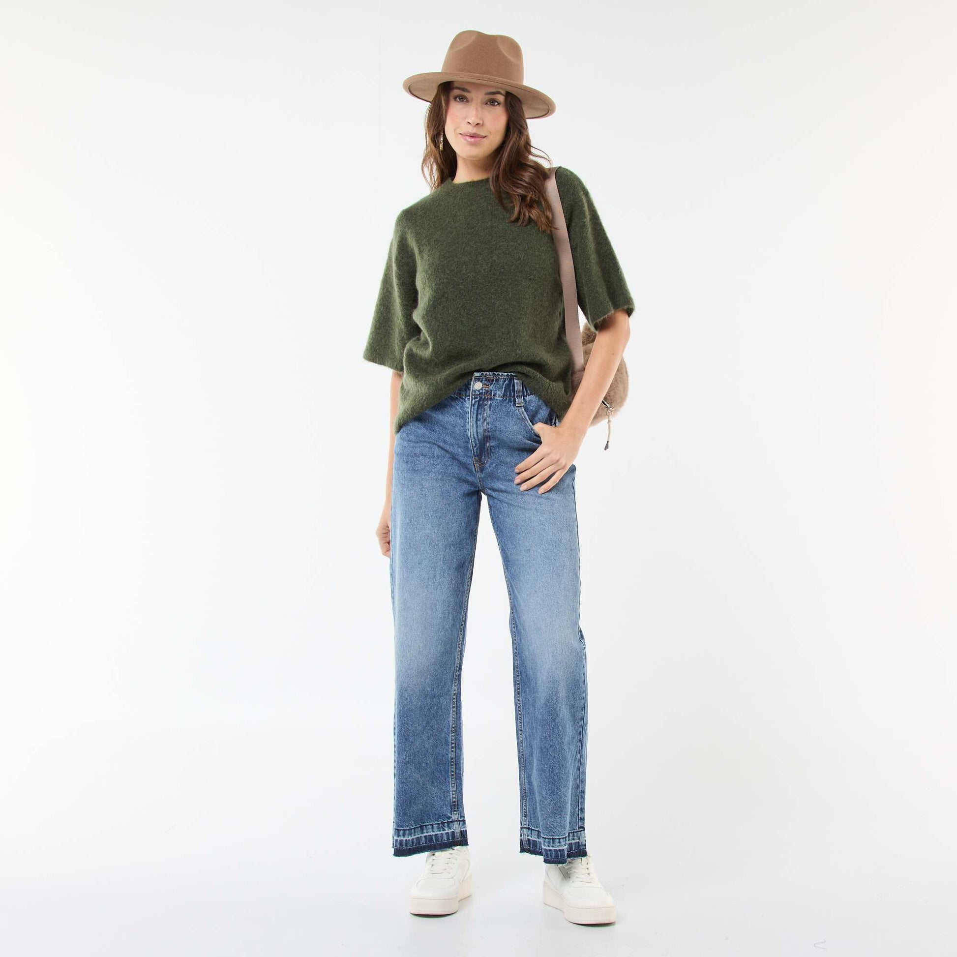 Pull manches courtes uni en mohair VERT