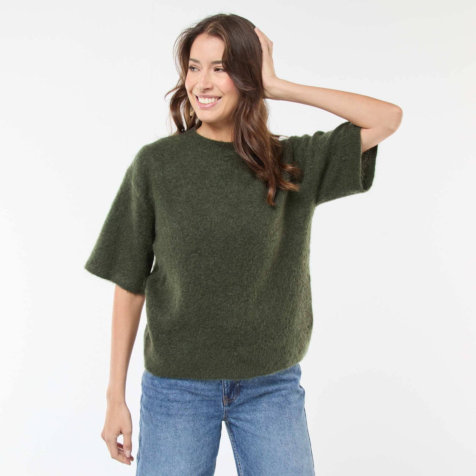 Pull manches courtes uni en mohair VERT
