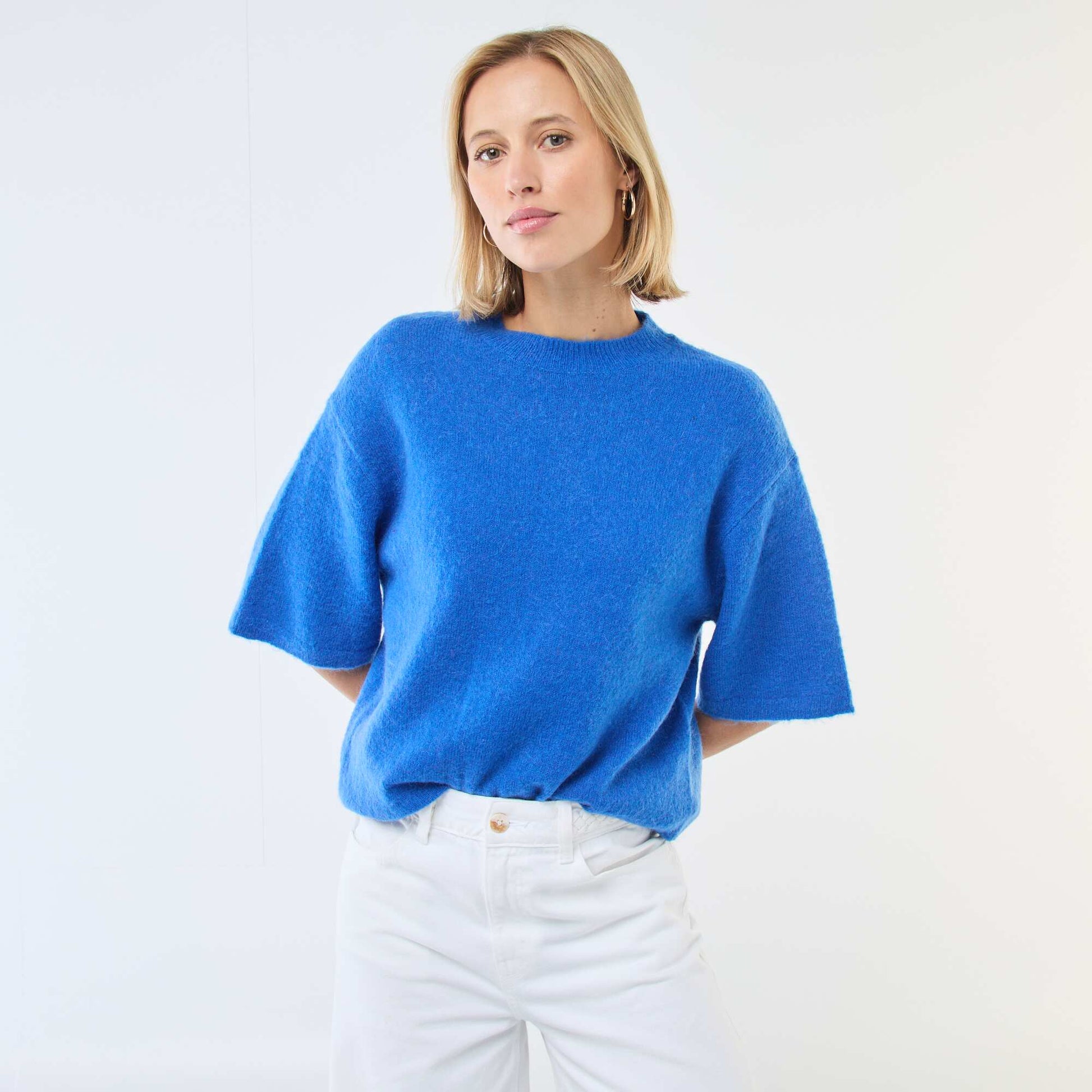 Pull manches courtes uni en mohair BLEU