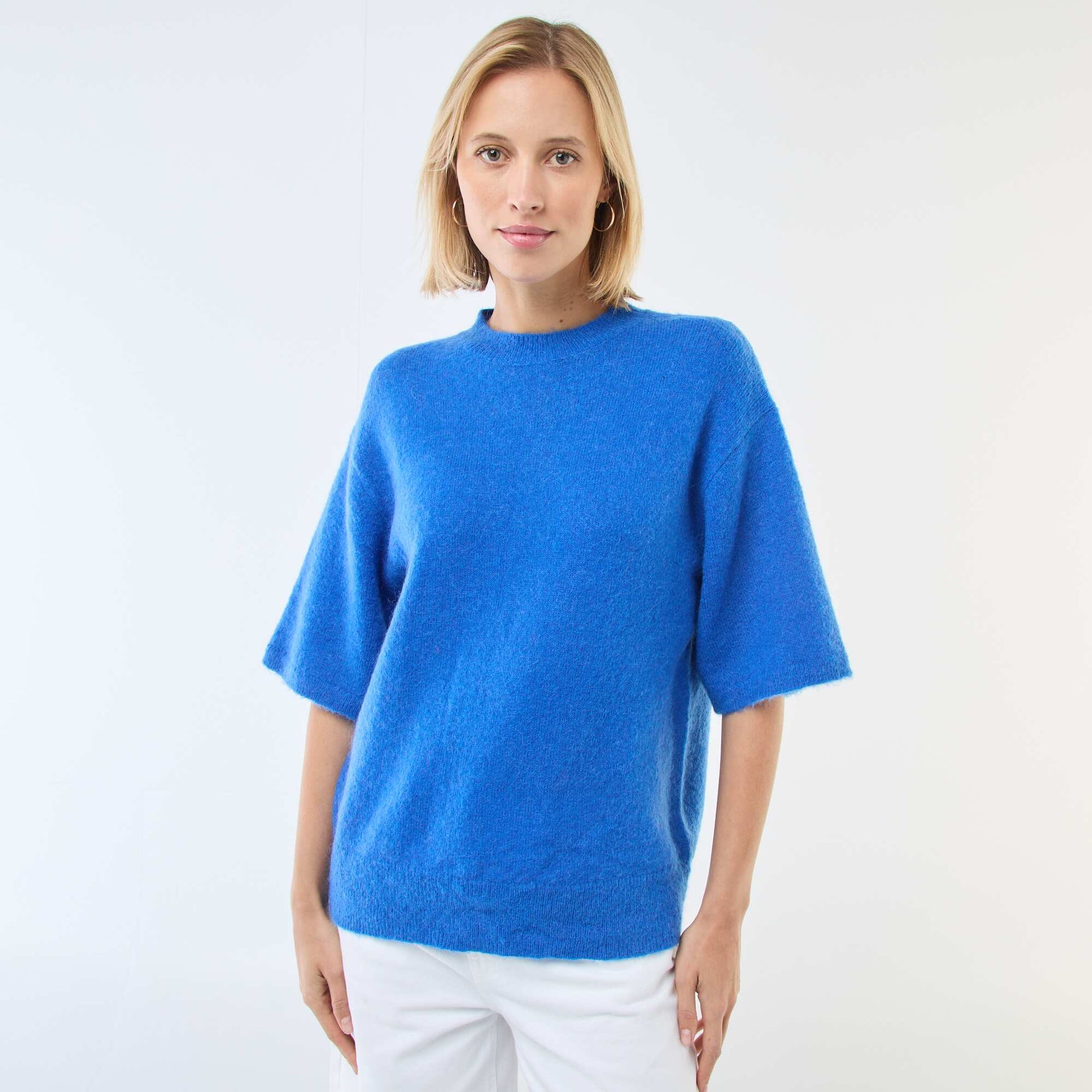 Pull manches courtes uni en mohair BLEU